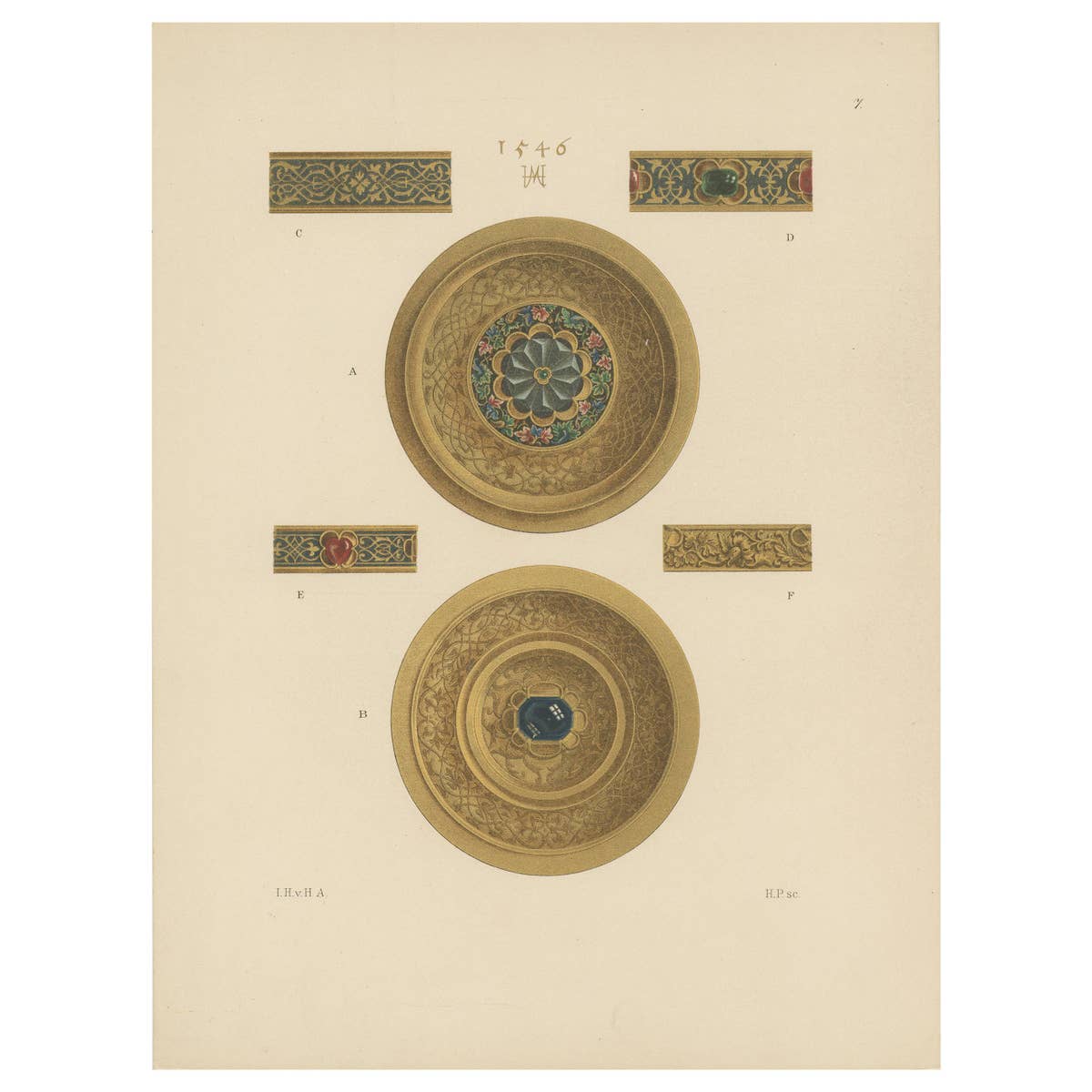 Antique Print of the Top and Bottom of a Gold Pokal by Hefner-Alteneck '1890'
