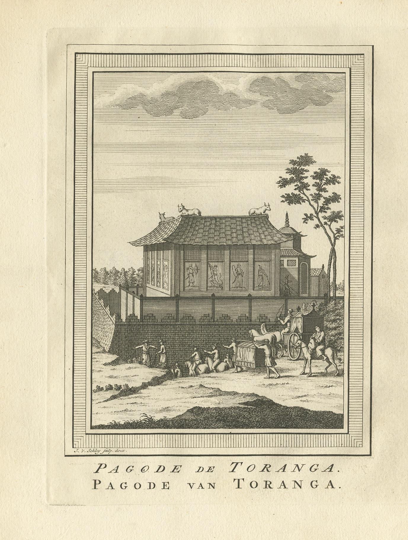 Antique print titled 'Pagode de Toranga - Pagode van Toranga'. Old print depicting the pagoda of Toranga, Japan. This print originates from 'Histoire générale des Voyages' by A. Prévost.