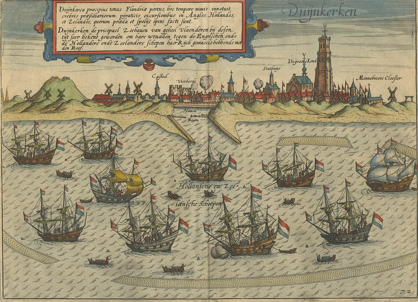 Beautiful bird's eye-view plan of the town of Duinkerken. From Ludovico Guicciardini.'s description of the Netherlands 'Beschrijvinghe van alle de Nederlanden anderssins ghenoemt Neder-Duytslandt', published by Willem Blaeu.