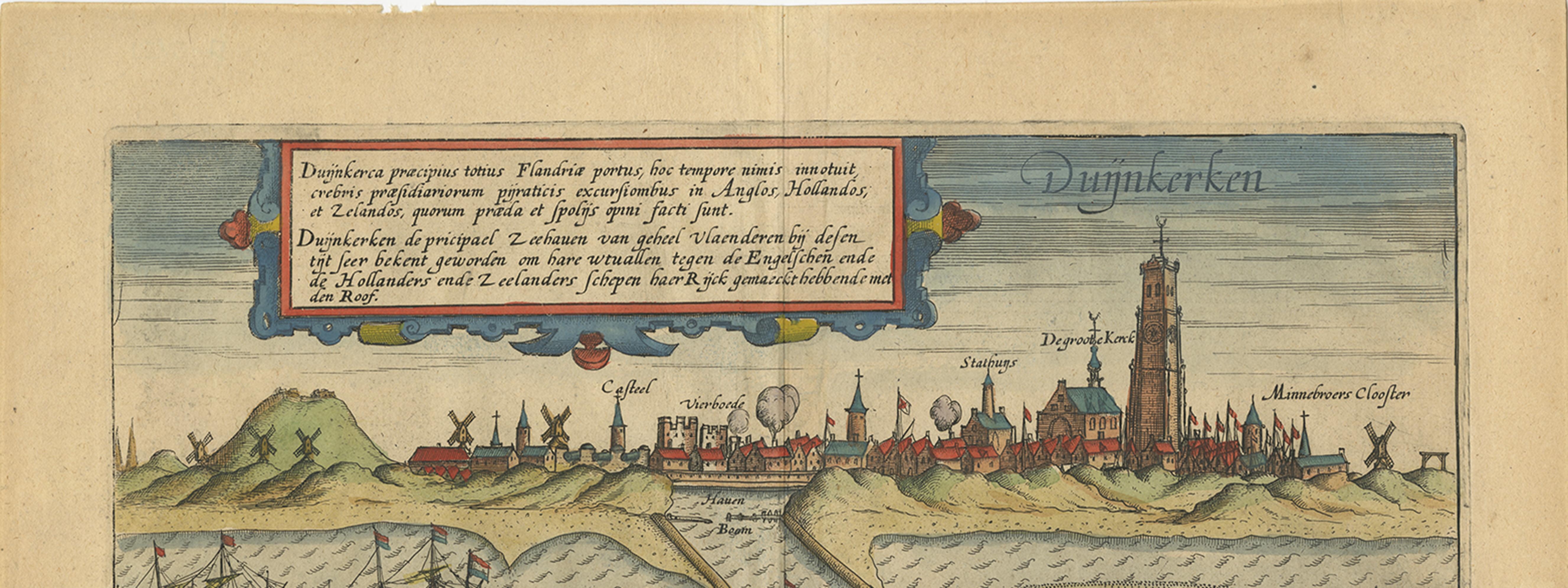 Papier Impression ancienne de la ville de Duinkerken en France par L. Guicciardini, 1613 en vente