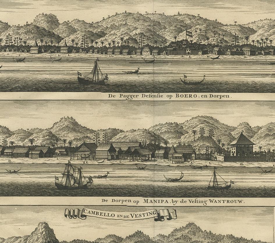 Antiker Druck der Handelsposten von Ambon von Valentijn, 1726 (Niederländisch) im Angebot