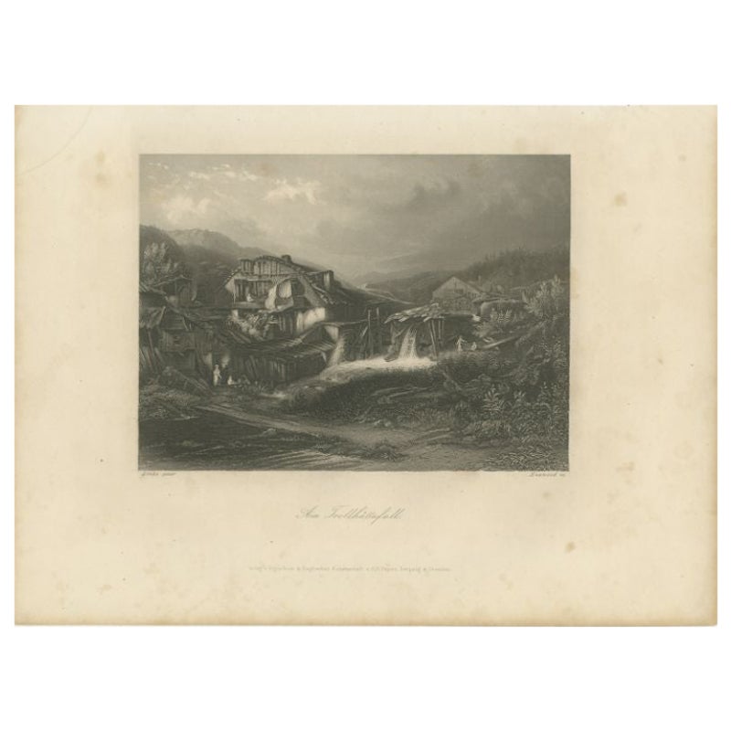 Impression ancienne des chutes de Trollhttan par Heawood, vers 1850