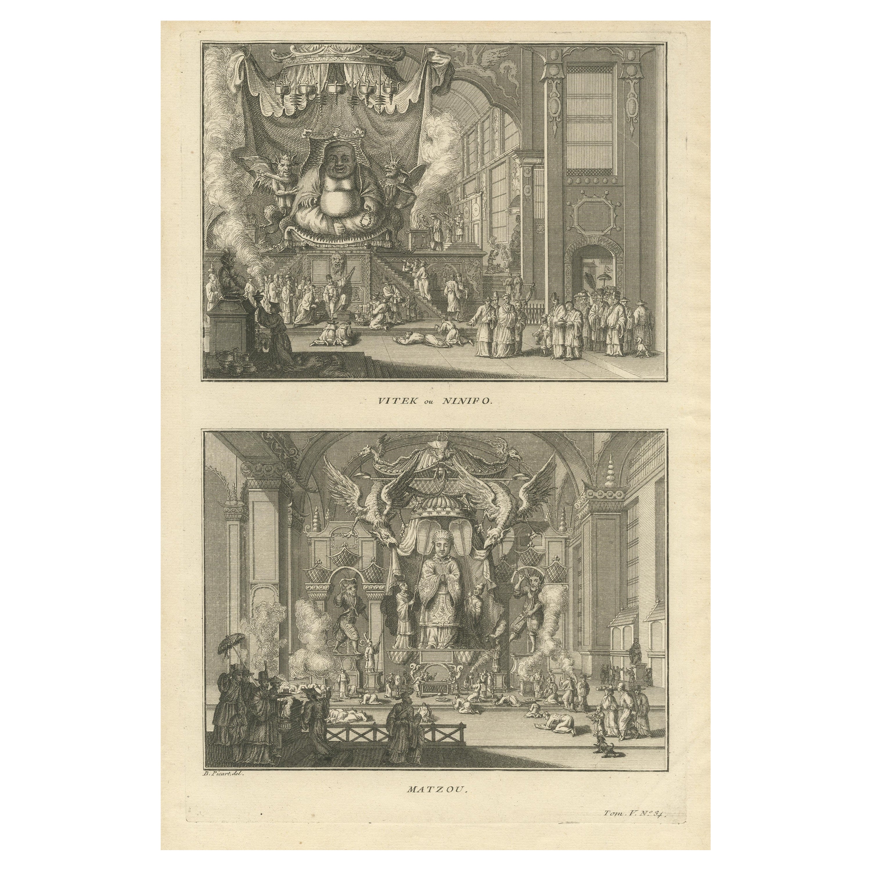 Antique Print of the Two Chinese Gods Vitek and Matzou