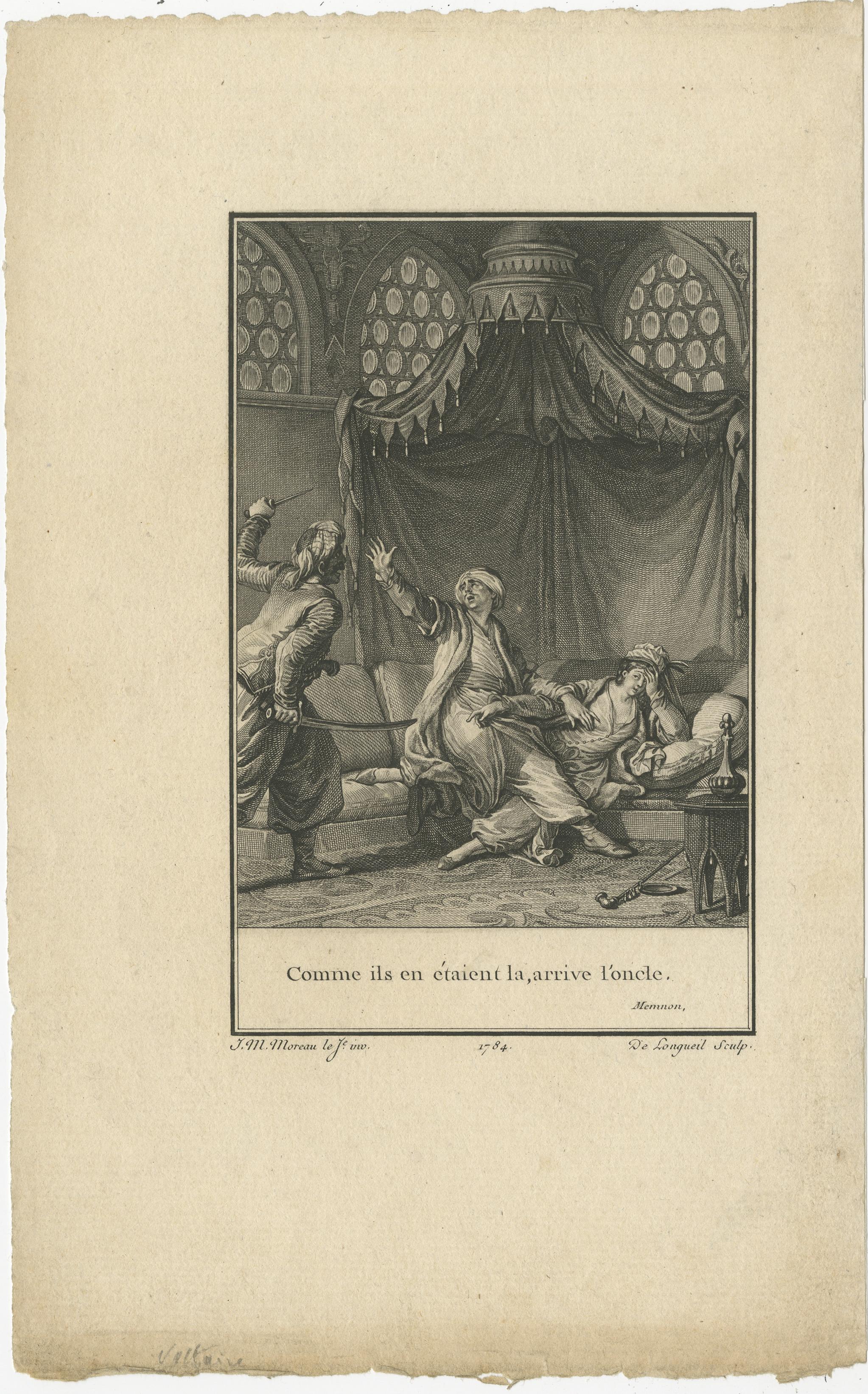 Gravure ancienne intitulée 'Comme ils en étaient la arrive l'oncle'. La traduction de ce texte est la suivante : 