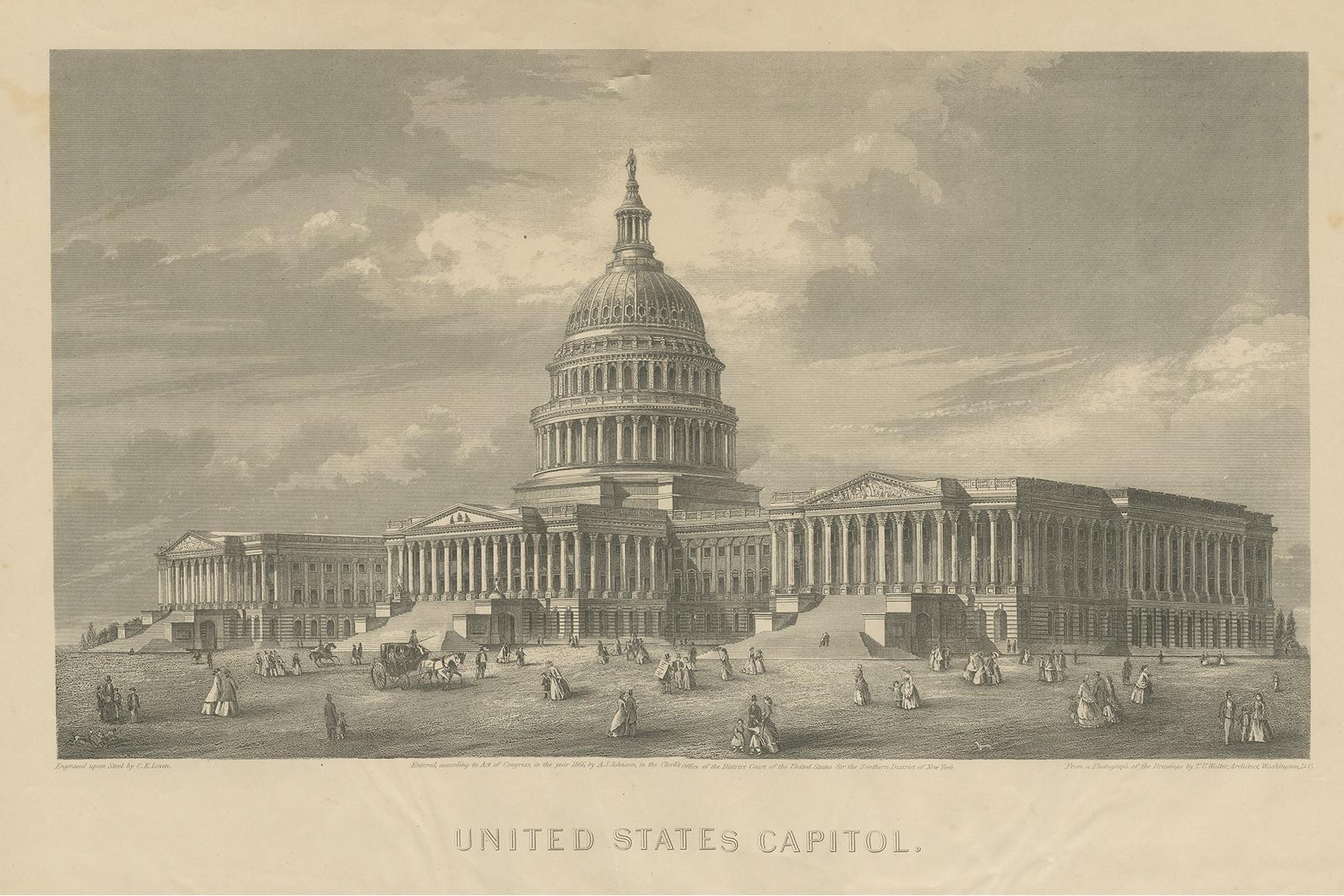 Antique print titled 'United States Capitol'. View of the United States Capitol, often called the Capitol Building. This print originates from 'Johnson's New Illustrated Family Atlas of the World' by A.J. Johnson. Published 1872.