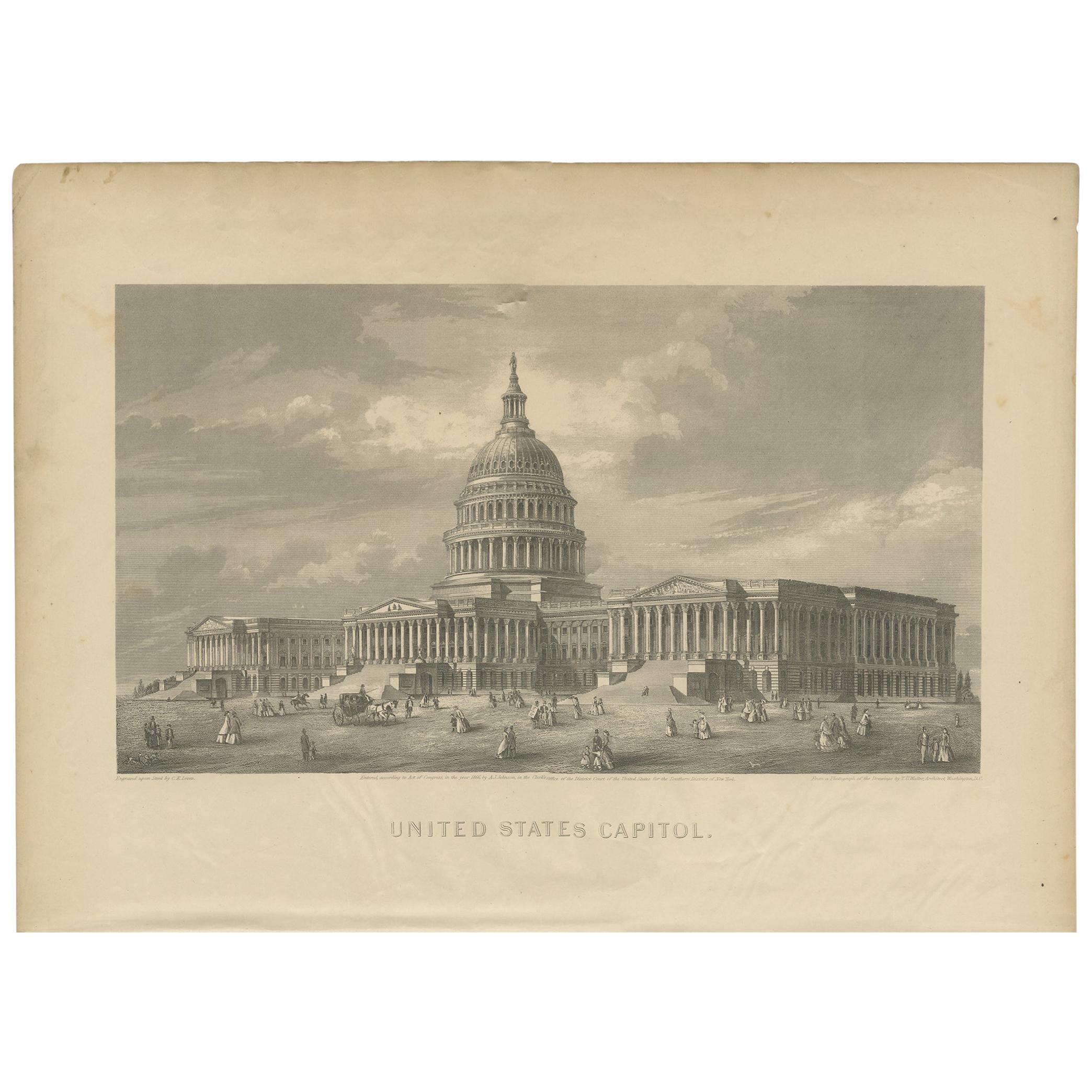 Antique Print of the United States Capitol by Johnson '1872' For Sale