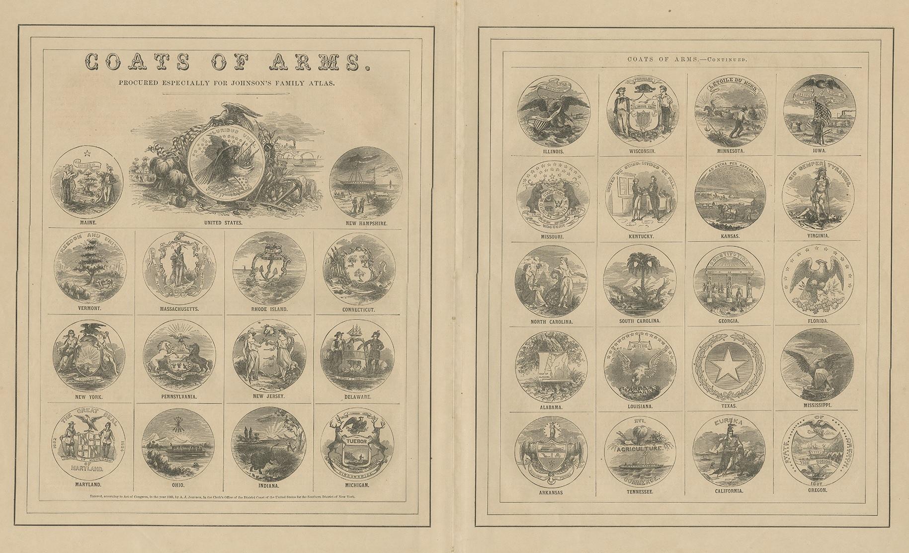 Antique print titled 'Coats of Arms (..)'. Original print of the United States coats of arms. This print originates from 'Johnson's New Illustrated Family Atlas of the World' by A.J. Johnson. Published 1872.