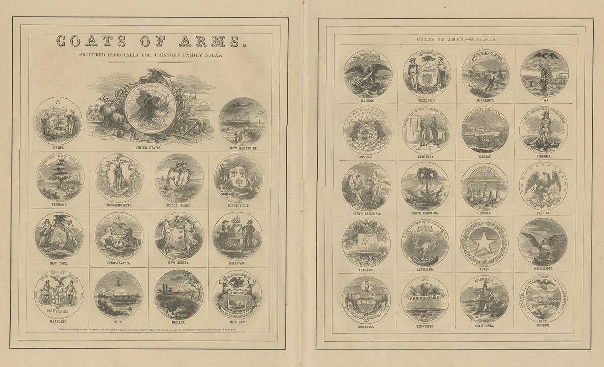 Antique Print of the United States Coats of Arms by Johnson, 1872