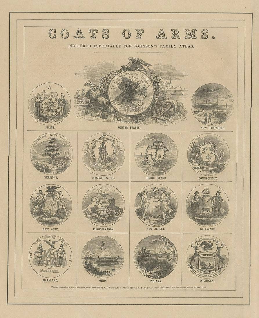 Antique Print of the United States Coats of Arms by Johnson, 1872