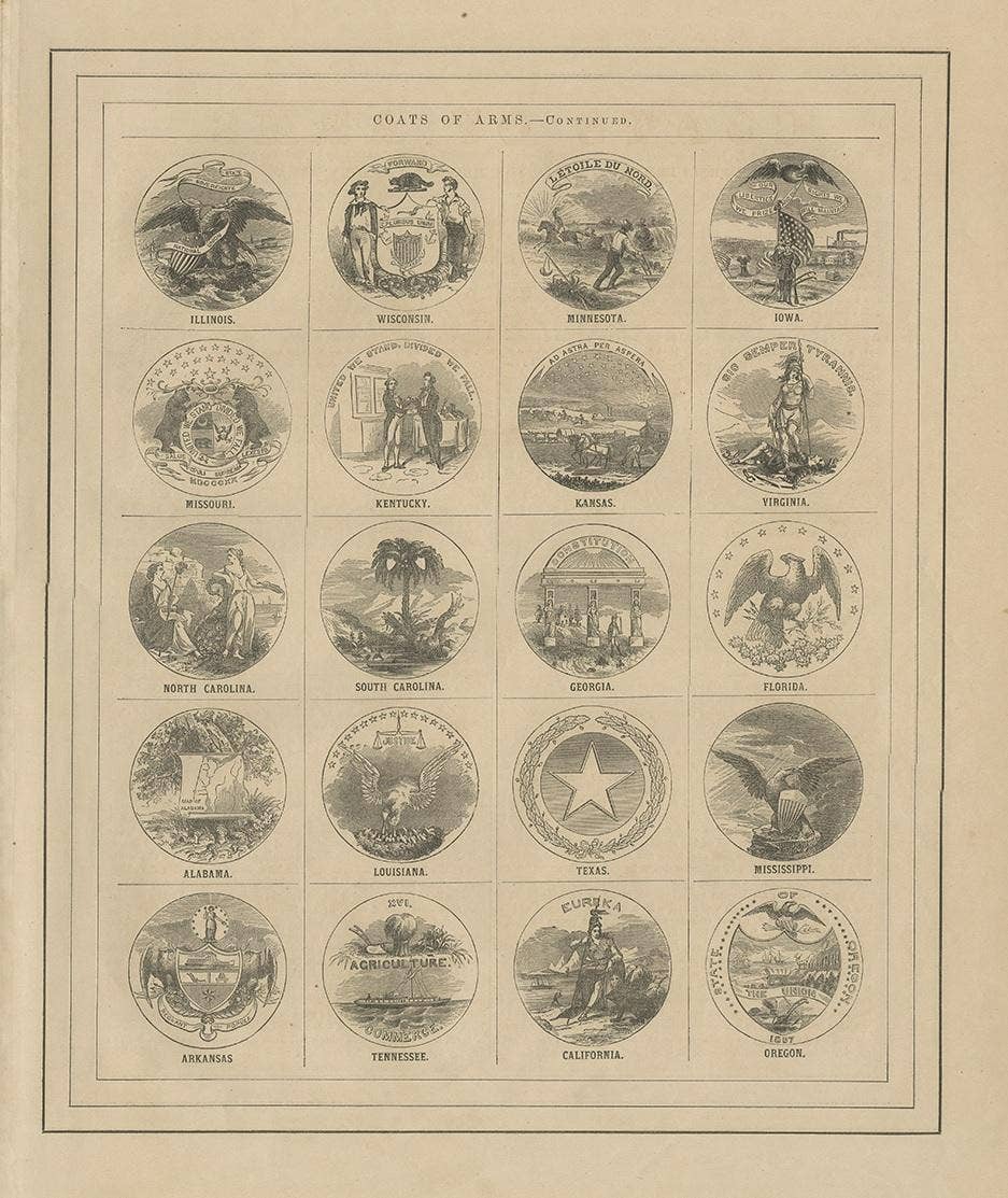 Antique Print of the United States Coats of Arms by Johnson, 1872