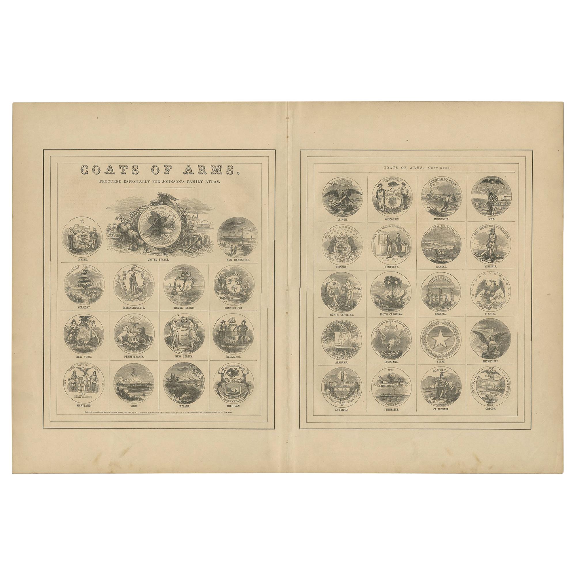 Antique Print of the United States Coats of Arms by Johnson, 1872