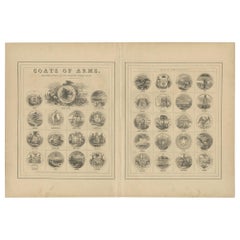 Grabado antiguo de los escudos de armas de Estados Unidos por Johnson, 1872