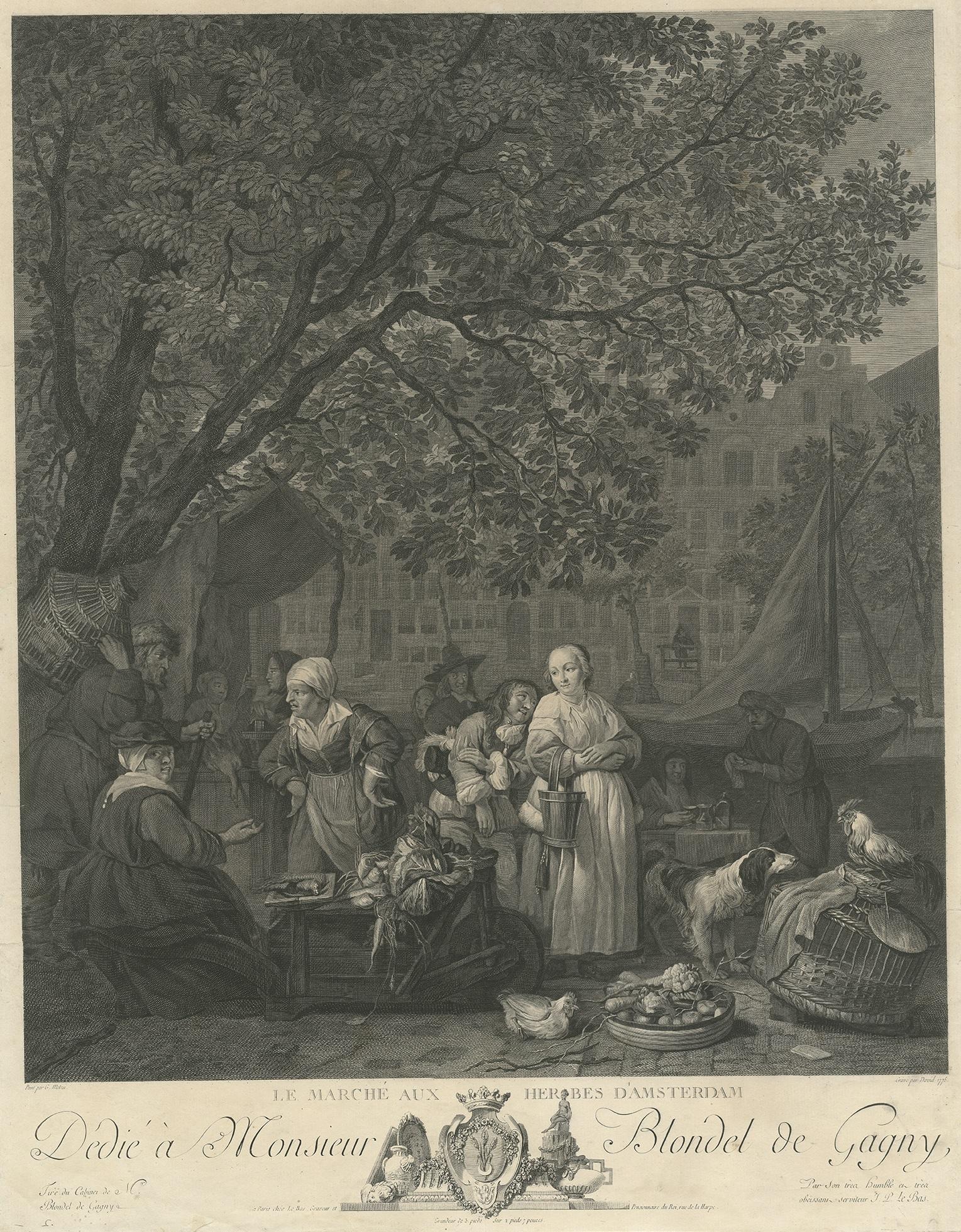 Grabado antiguo titulado 'Le Marché aux Herbes d'Amsterdam'. Impresión en grande del mercado de verduras de Ámsterdam, Países Bajos. Muestra a un grupo de campesinos holandeses vendiendo y comprando verduras y aves de corral fuera de un pueblo, a la