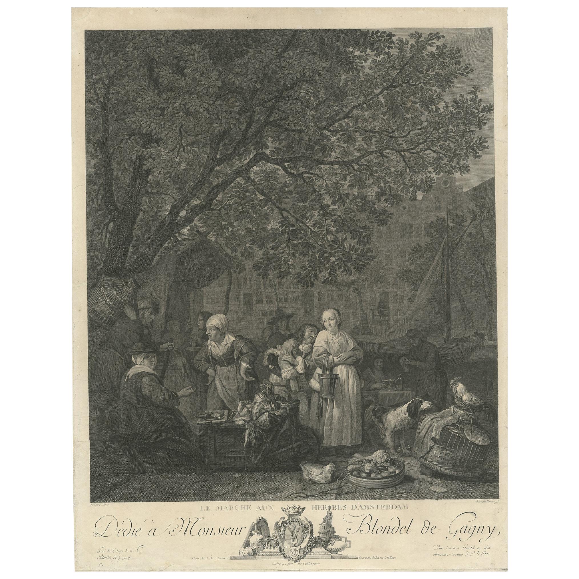 Grabado antiguo del mercado de verduras de Amsterdam por David, 1775 en venta