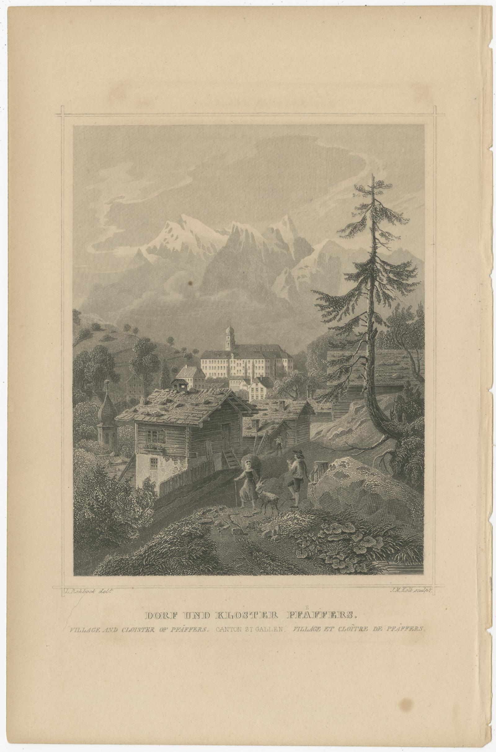 Antique print titled 'Dorf und Kloster Pfaeffers, Canton St. Gallen'. View of the village of Pfäfers, in the canton of St. Gallen in Switzerland. 

Engraved by G.M. Kurz after Rohbock. Published circa 1860.