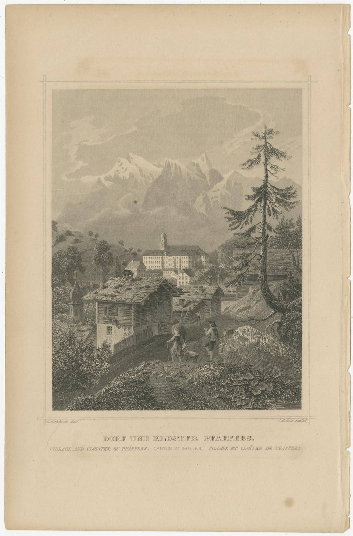 Antique Print of the Village and Monastery of Pfäfers, Switzerland