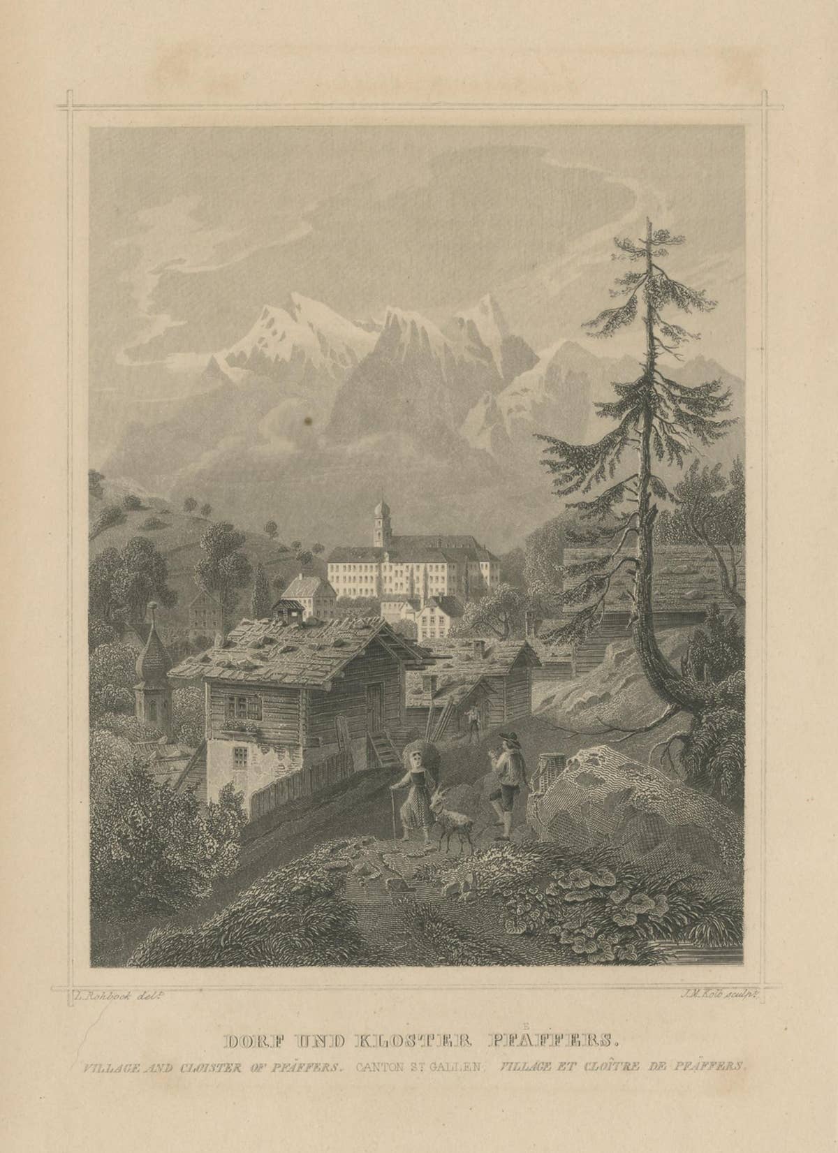 Antique Print of the Village and Monastery of Pfäfers, Switzerland