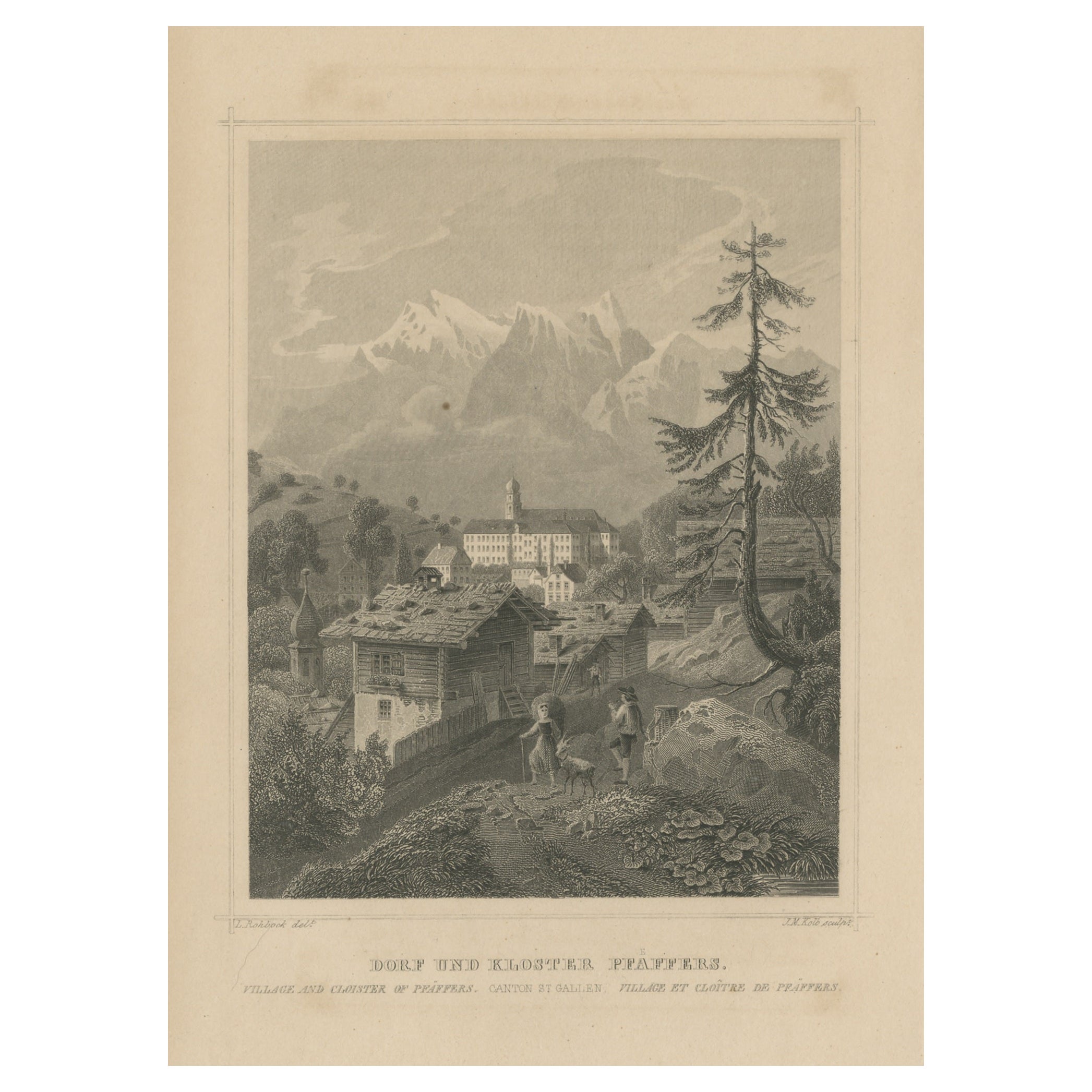 Gravure ancienne du village et du monastère de Pfäfers, Suisse