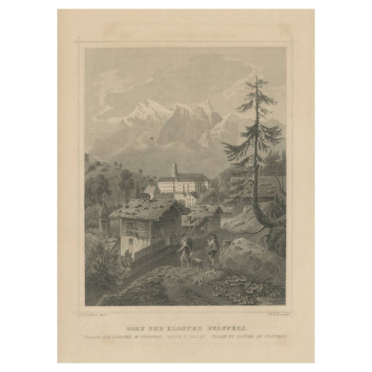 Antique Print of the Village and Monastery of Pfäfers, Switzerland