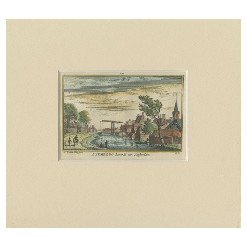 Antiker Druck des Dorfes Baambrugge in den Niederlanden, um 1730