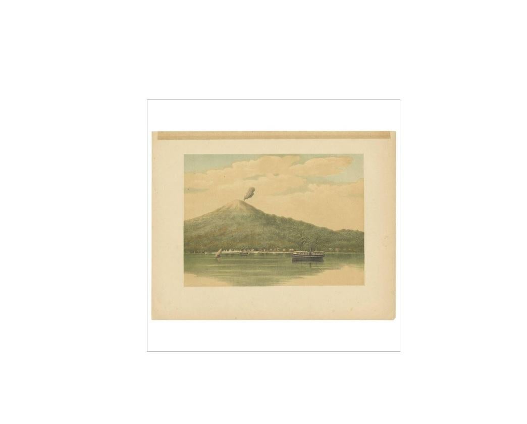 Gravure ancienne du volcan (Gamalama) de Ternate, îles Maluku, Indonésie. Avec un bateau à vapeur au premier plan. Cette gravure provient de 