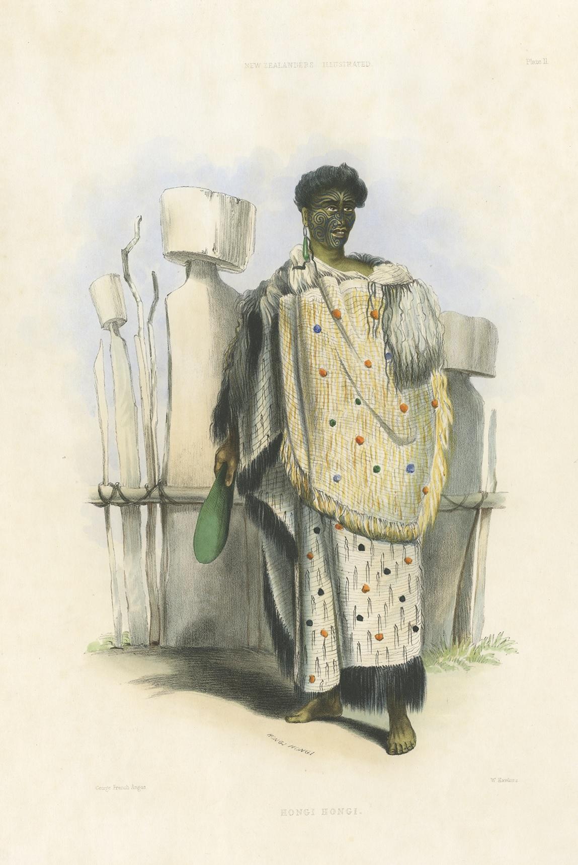Impression ancienne du guerrier Hongi par Angas, 1847 Bon état - En vente à Langweer, NL