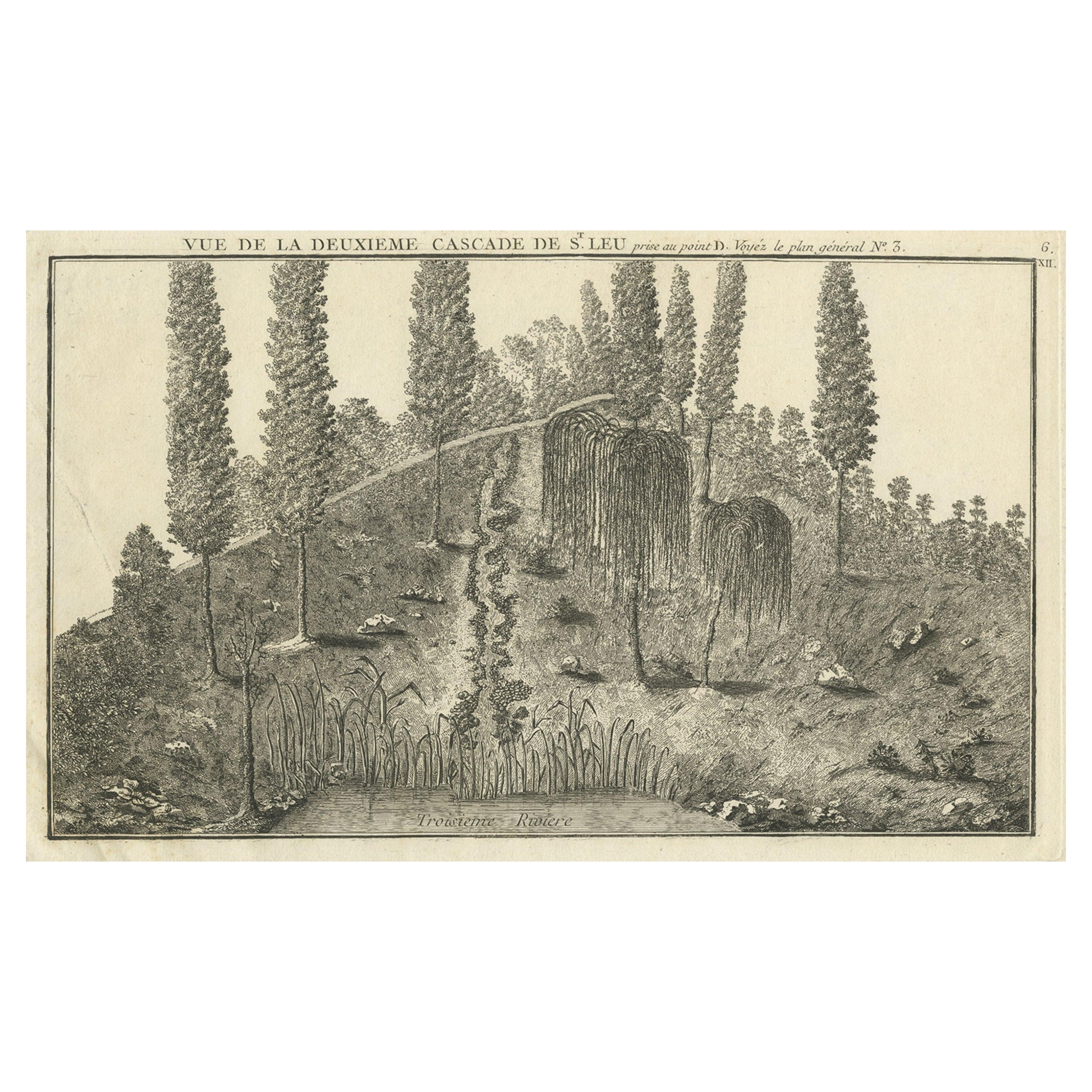 Antiker antiker Druck des Wasserfalles von Saint-Leu in Frankreich, 1776