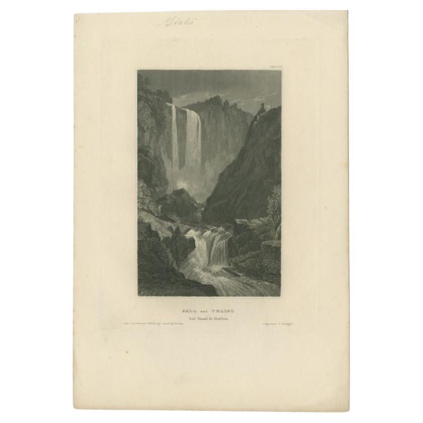 Antique Print of the Waterfall of Velino in Italy, 1837 For Sale