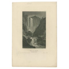 Antique Print of the Waterfall of Velino in Italy, 1837