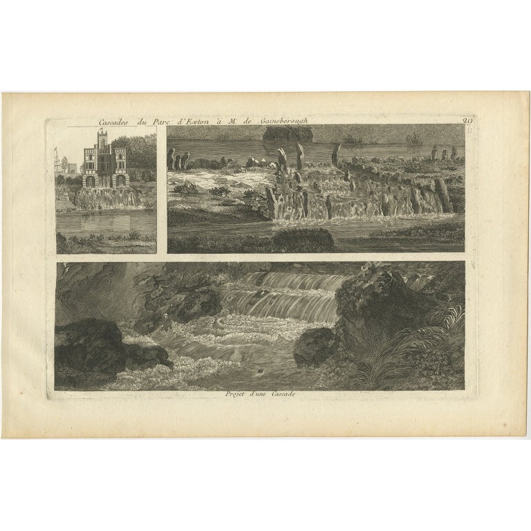 Antique print titled 'Cascades du Parc d'Exton (..)'. 

Copper engraving showing the waterfalls of Exton park. This print originates from 'Jardins Anglo-Chinois à la Mode' by Georg Louis le Rouge. Artists and Engravers: The work of Le Rouge is