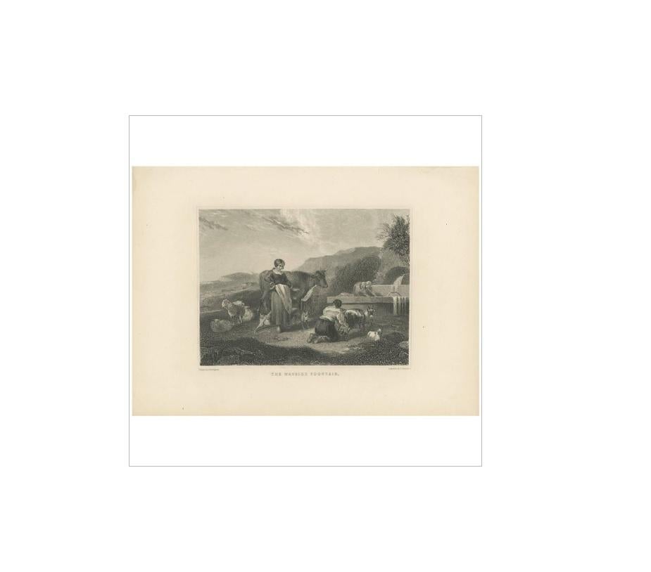 Antique print titled 'The Wayside Fountain'. Also depicting three women, a cow, sheep, dog and more. Engraved by William Humphrys after Nicolaes Pietersz. Berchem, circa 1880.