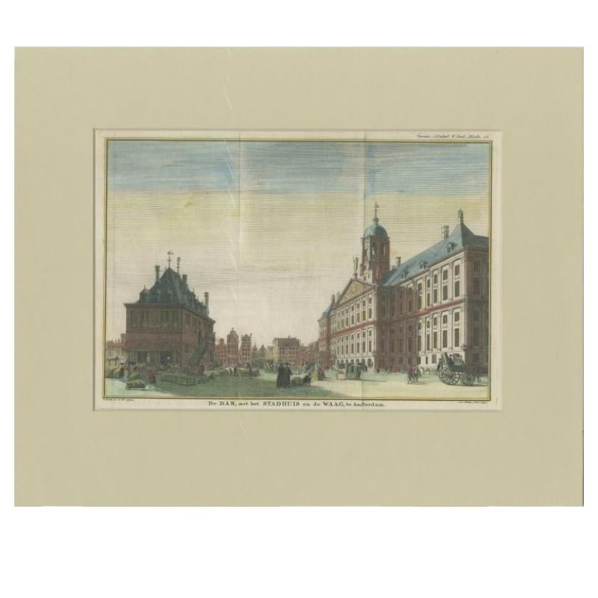 Impression ancienne de la maison Weigh-House et de l'hôtel de ville d'Amsterdam, vers 1765 en vente
