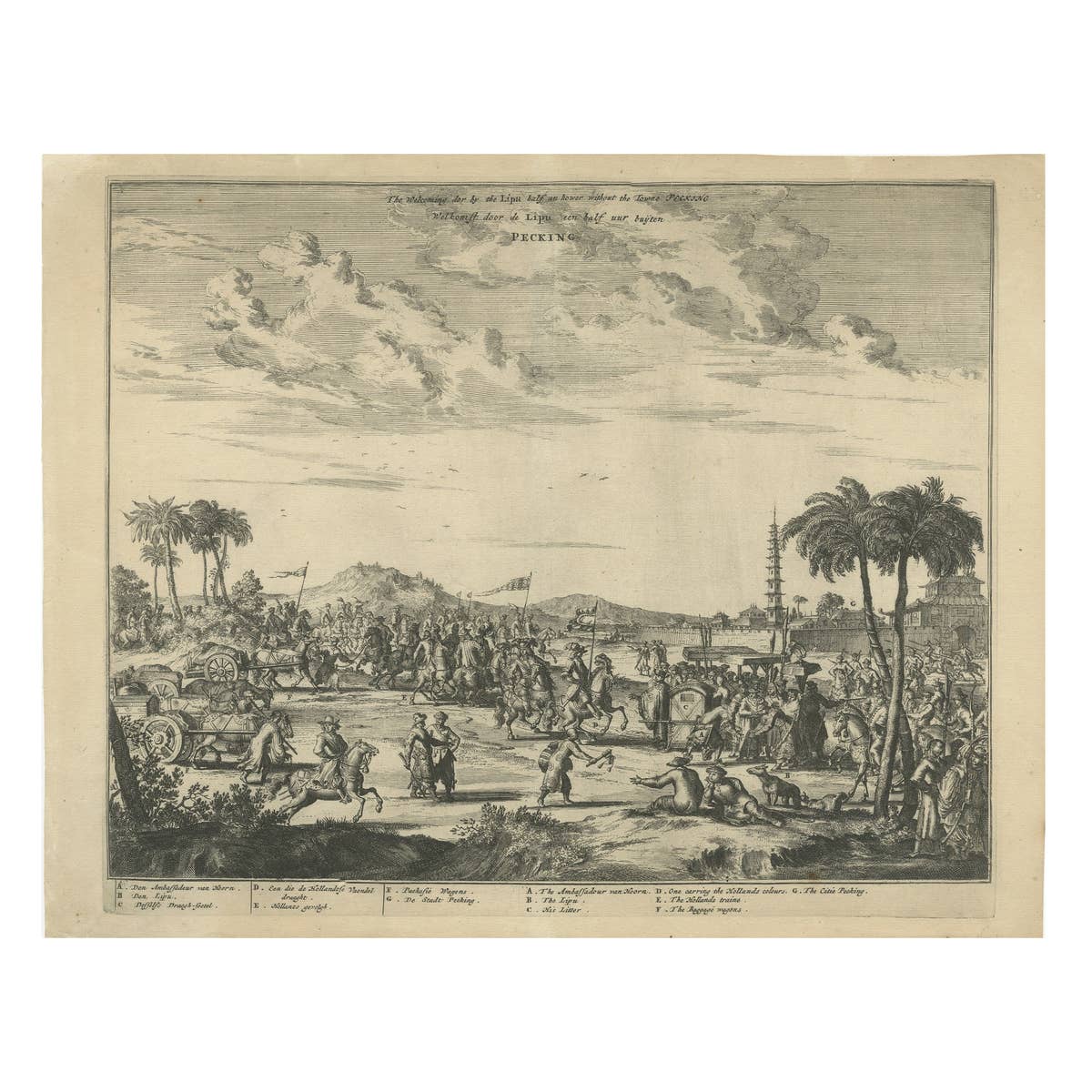 Antique Print of the Welcoming of the Dutch Ambassador near Peking, China, 1673