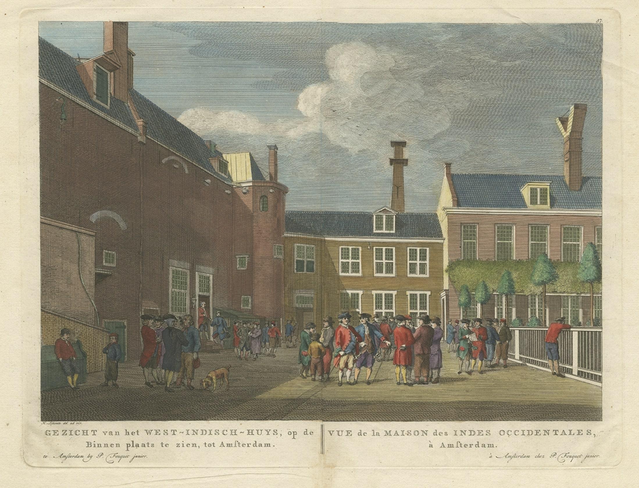 Paper Antique Print of the West India House in Amsterdam, Netherlands, C.1780 For Sale