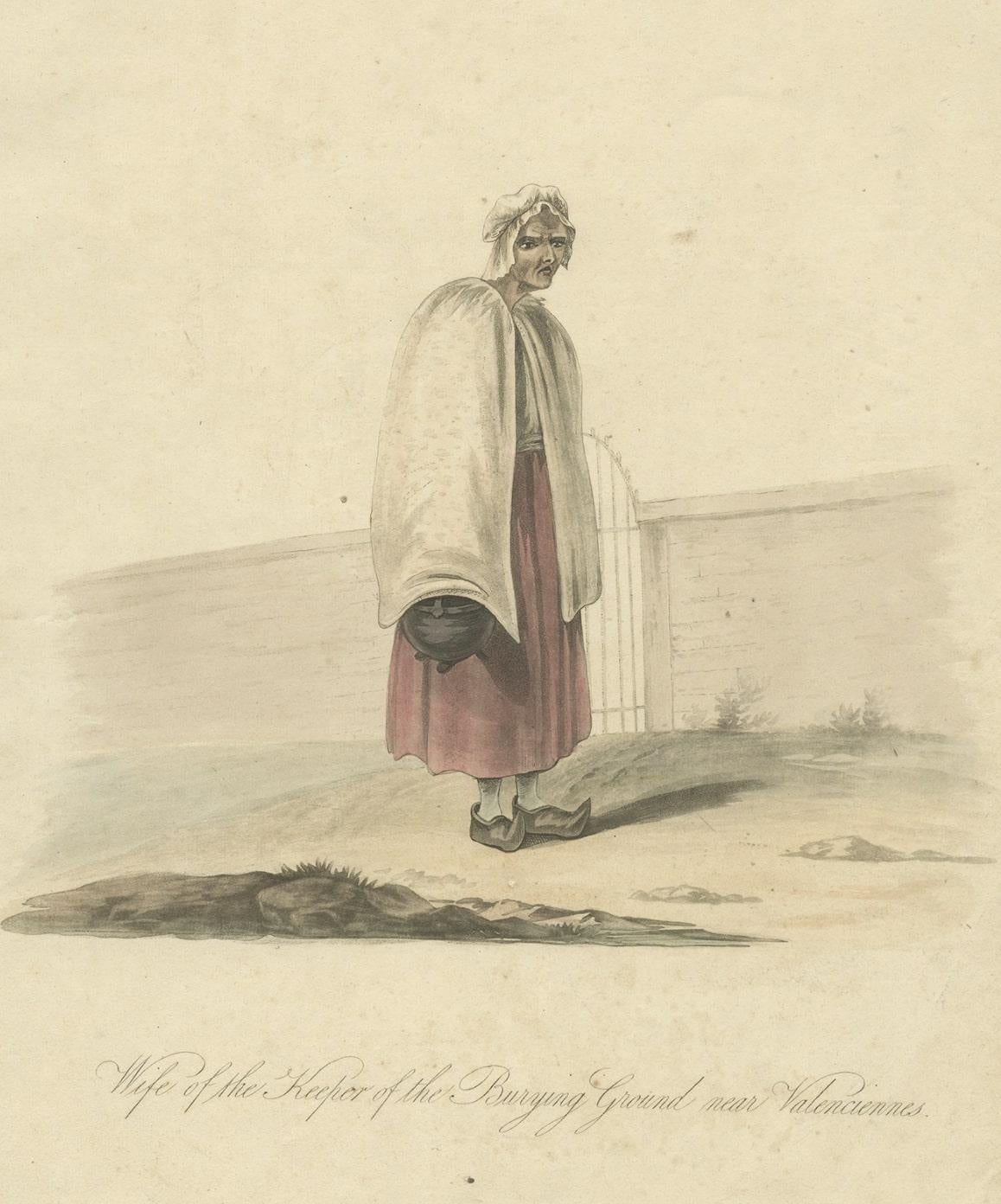 19th Century Antique Print of the Wife of the Keeper in Valenciennes, Northern France, 1817 For Sale