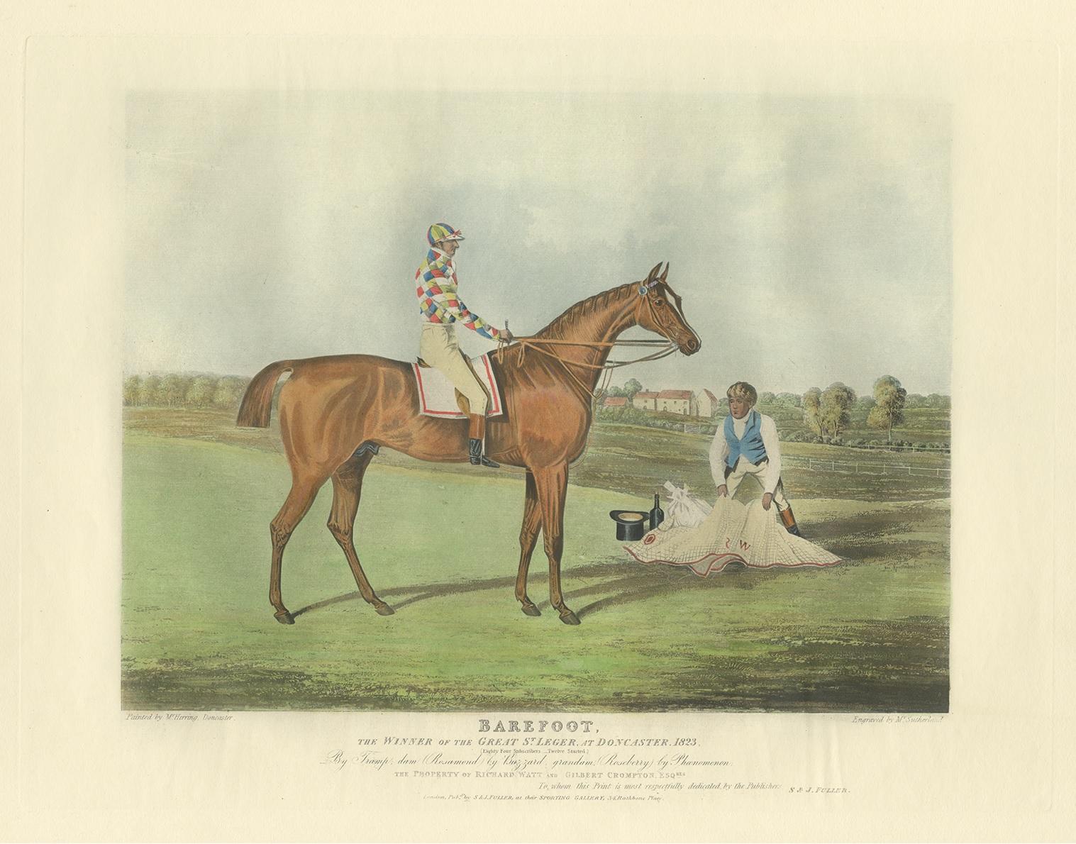 Grabado antiguo de caballos titulado 'Barefoot, el ganador del Gran St. Leger en Doncaster, 1823'. Este grabado al aguatinta muestra un caballo y un jinete ganadores de los Great St. Leger Stakes en Doncaster. Oficial del ejército, diputado por