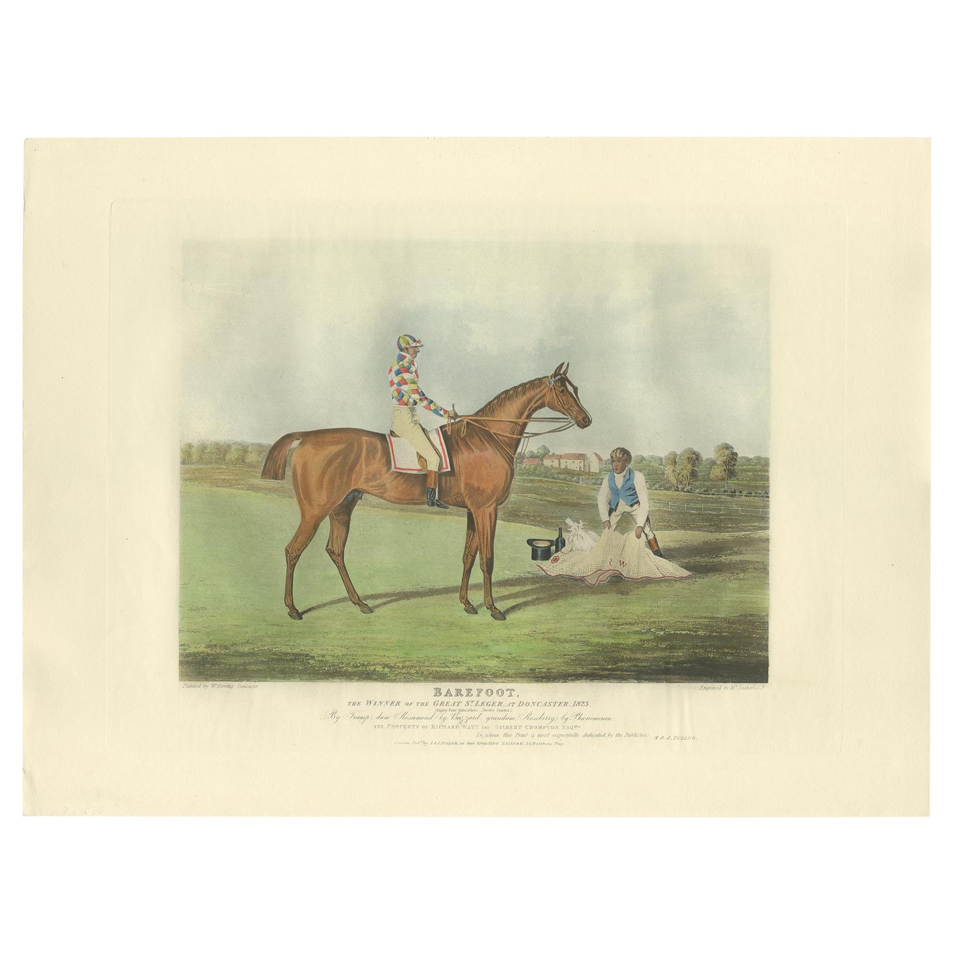 Antique Print of the Winning Horse 'Barefoot' and a Jockey 'c.1840' For Sale