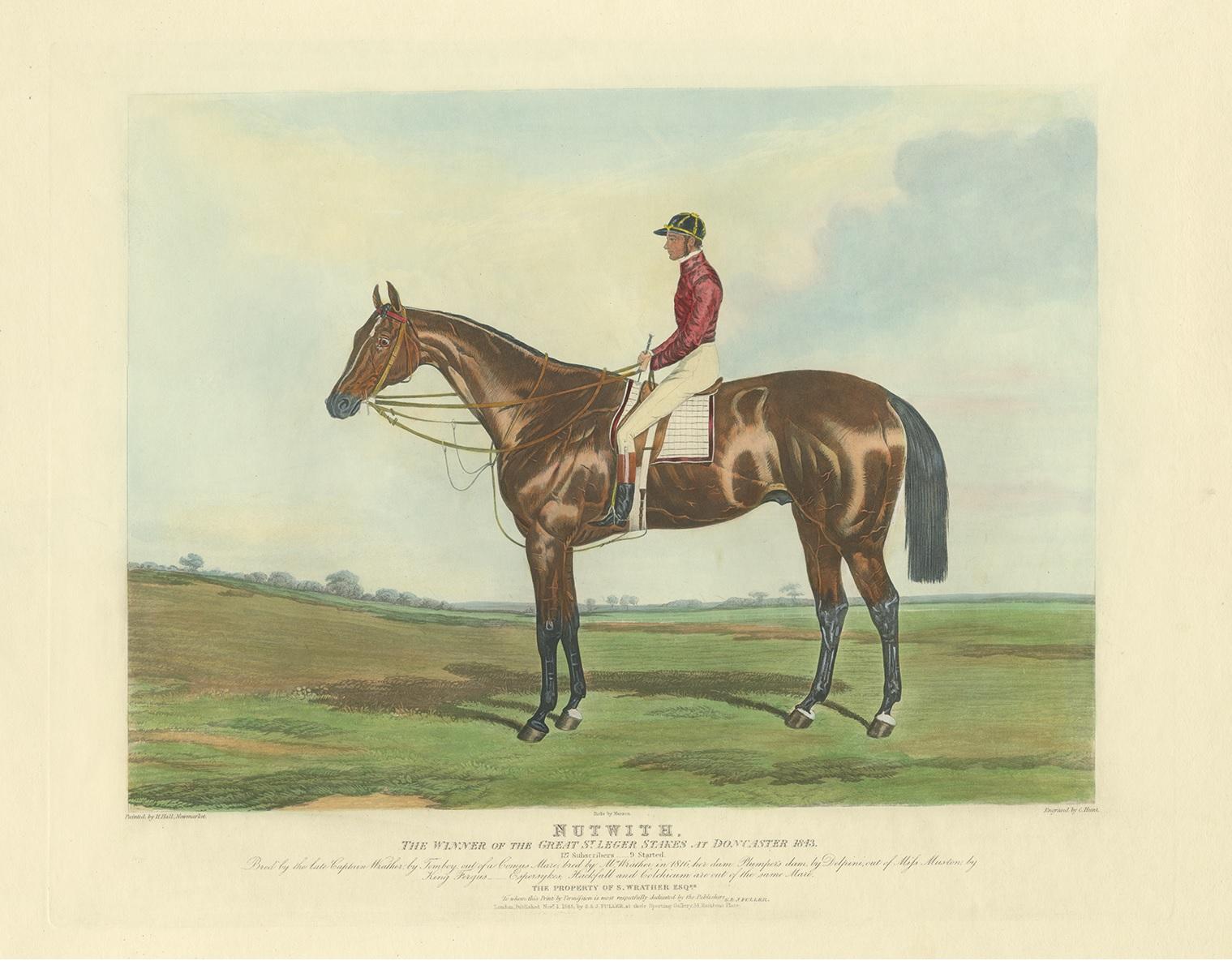 Antique horse print titled 'Nutwith the winner of the Great St. Leger Stakes at Doncaster, 1843'. This aquatint print shows a winning horse and jockey of the Great St. Leger Stakes at Doncaster. Army officer, MP for Grimsby (1768–74) and racing
