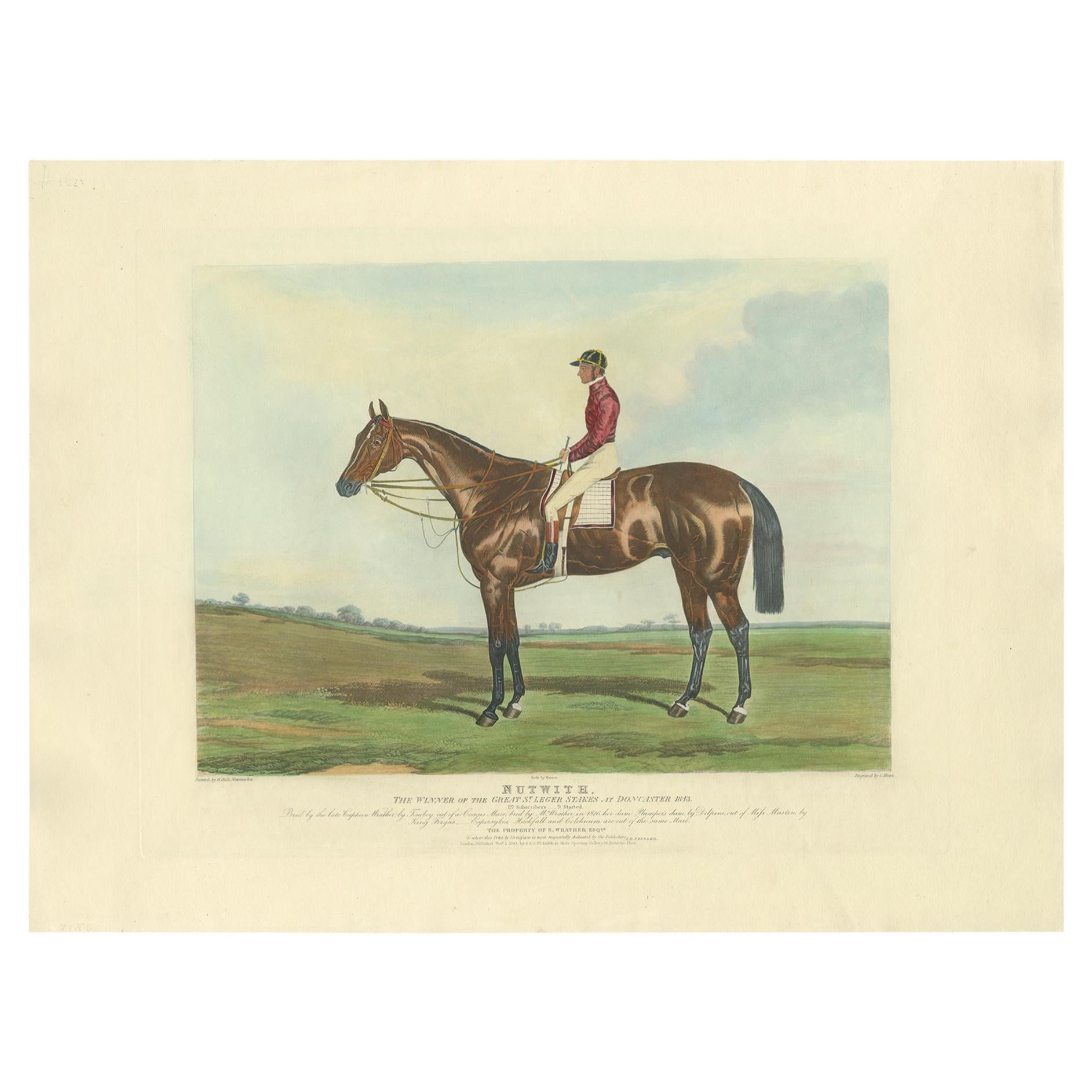 Antique Print of the Winning Horse 'Nutwith' and a Jockey 'c.1840' For Sale