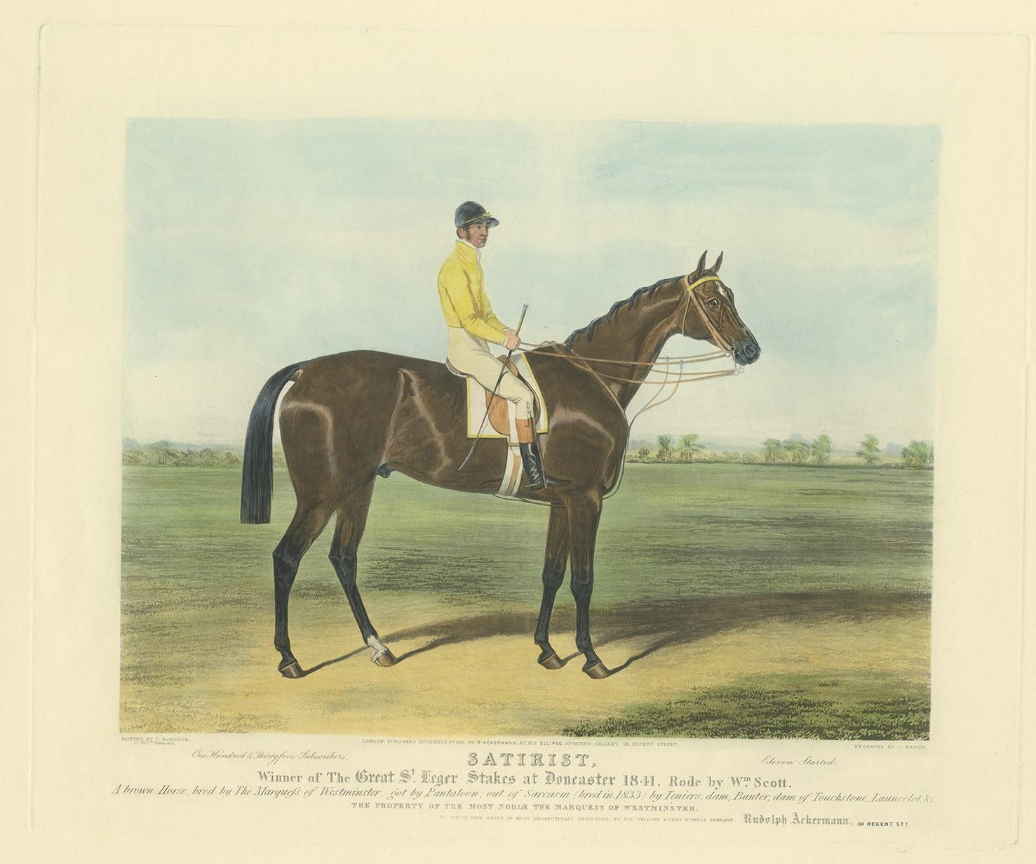 Antique horse print titled 'Satirist, winner of the Great St. Leger at Doncaster, 1841'. This aquatint print shows a winning horse and jockey of the Great St. Leger Stakes at Doncaster. Army officer, MP for Grimsby (1768–74) and racing enthusiast