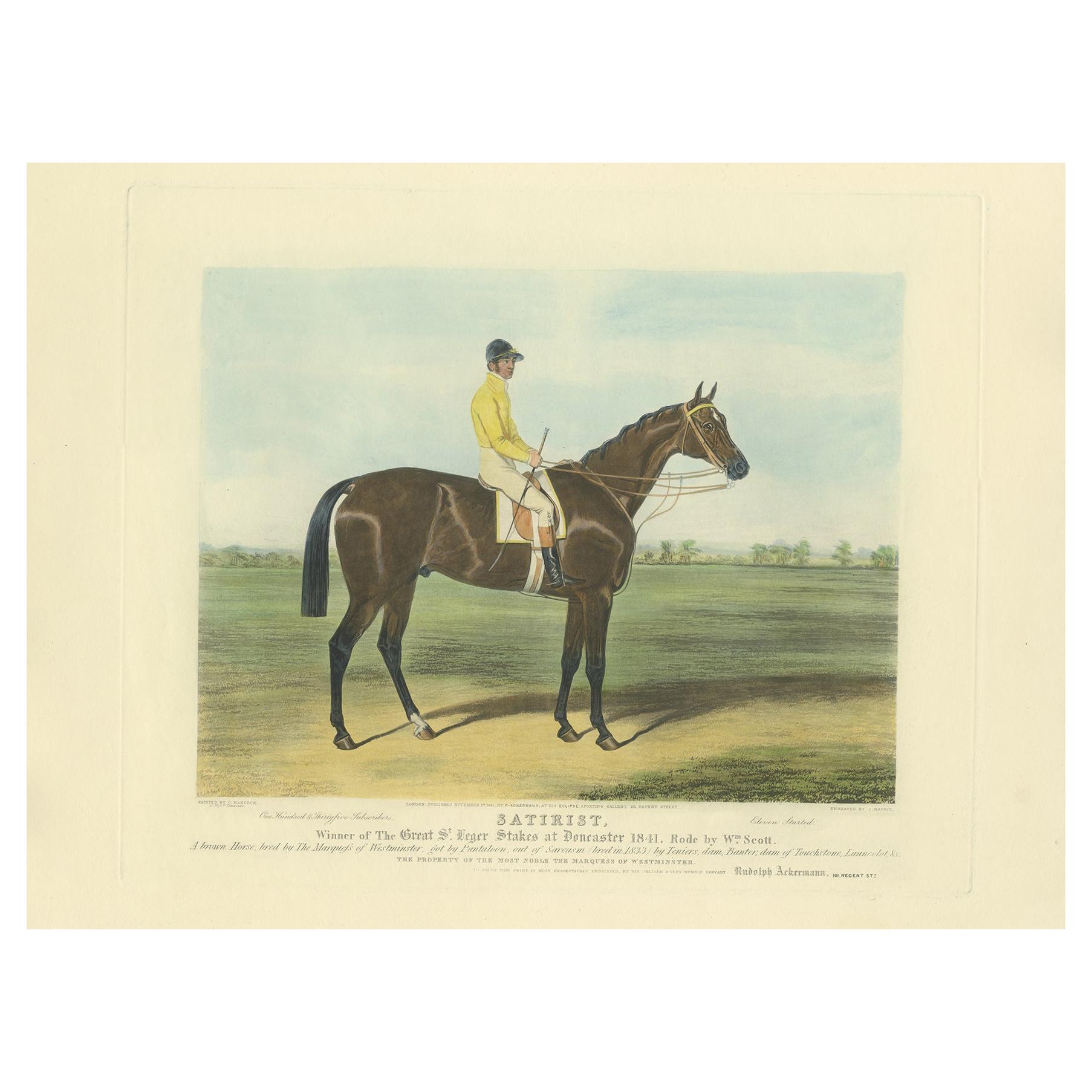 Antique Print of the Winning Horse 'Satirist' and a Jockey '1841' For Sale
