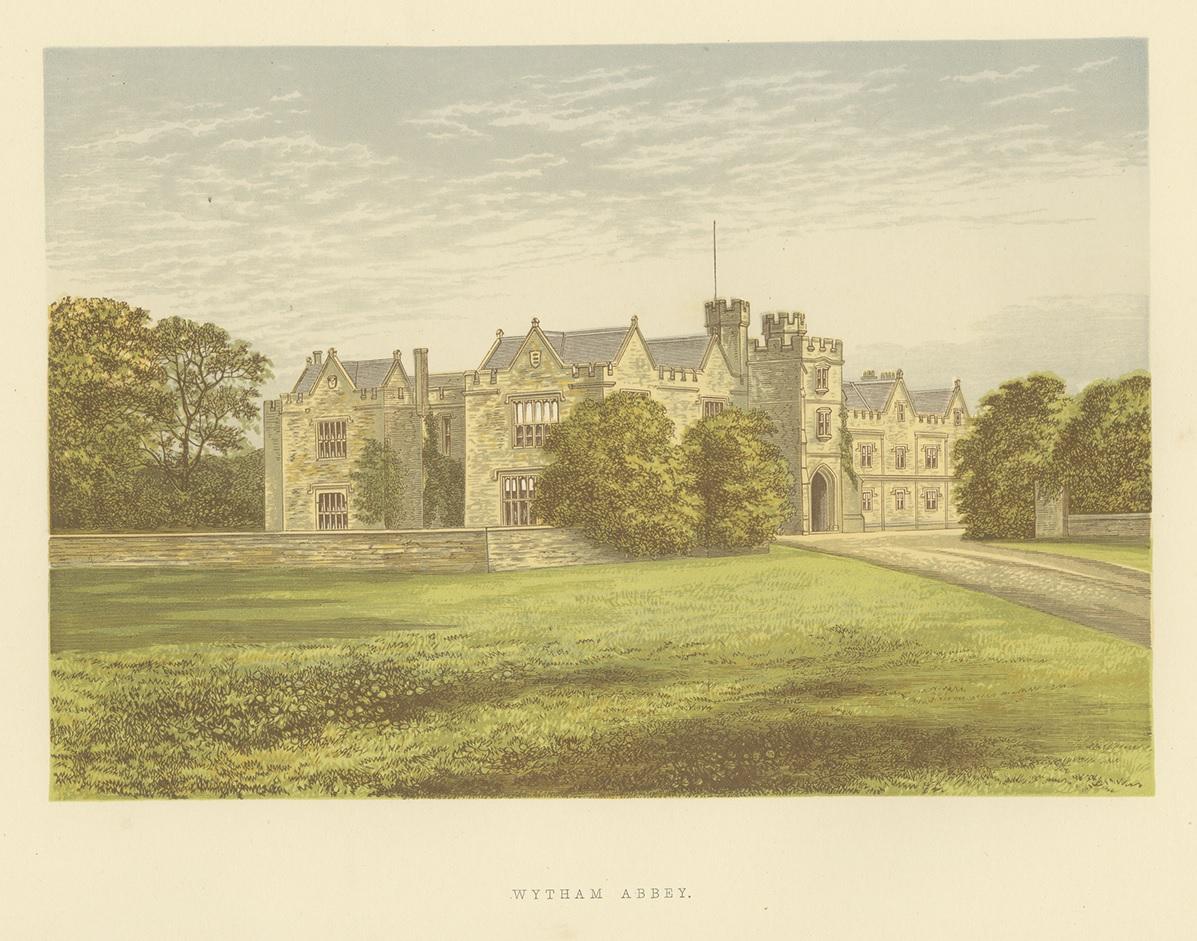 Antique print titled 'Wytham Abbey'. Color printed woodblock of the Wytham Abbey manor house. This print originates from 'Picturesque Views of Seats of Noblemen and Gentlemen of Great Britain and Ireland' by the Rev. F. O. Morris. Published