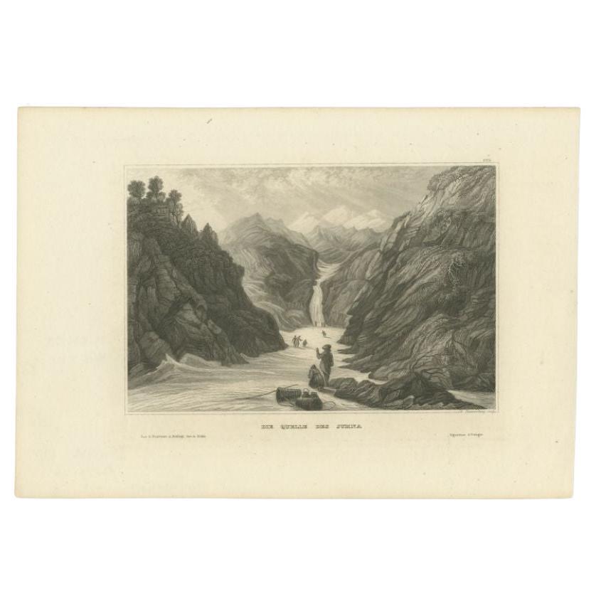 Antique print titled 'Die Quelle des Jumna'. View of the Yamuna river, India. This print originates from 'Meyer´s Universum oder Abbildung und Beschreibung des Sehenswerthesten und Merkwürdigsten der Natur und Kunst auf der ganzen Erde'. 

Artists