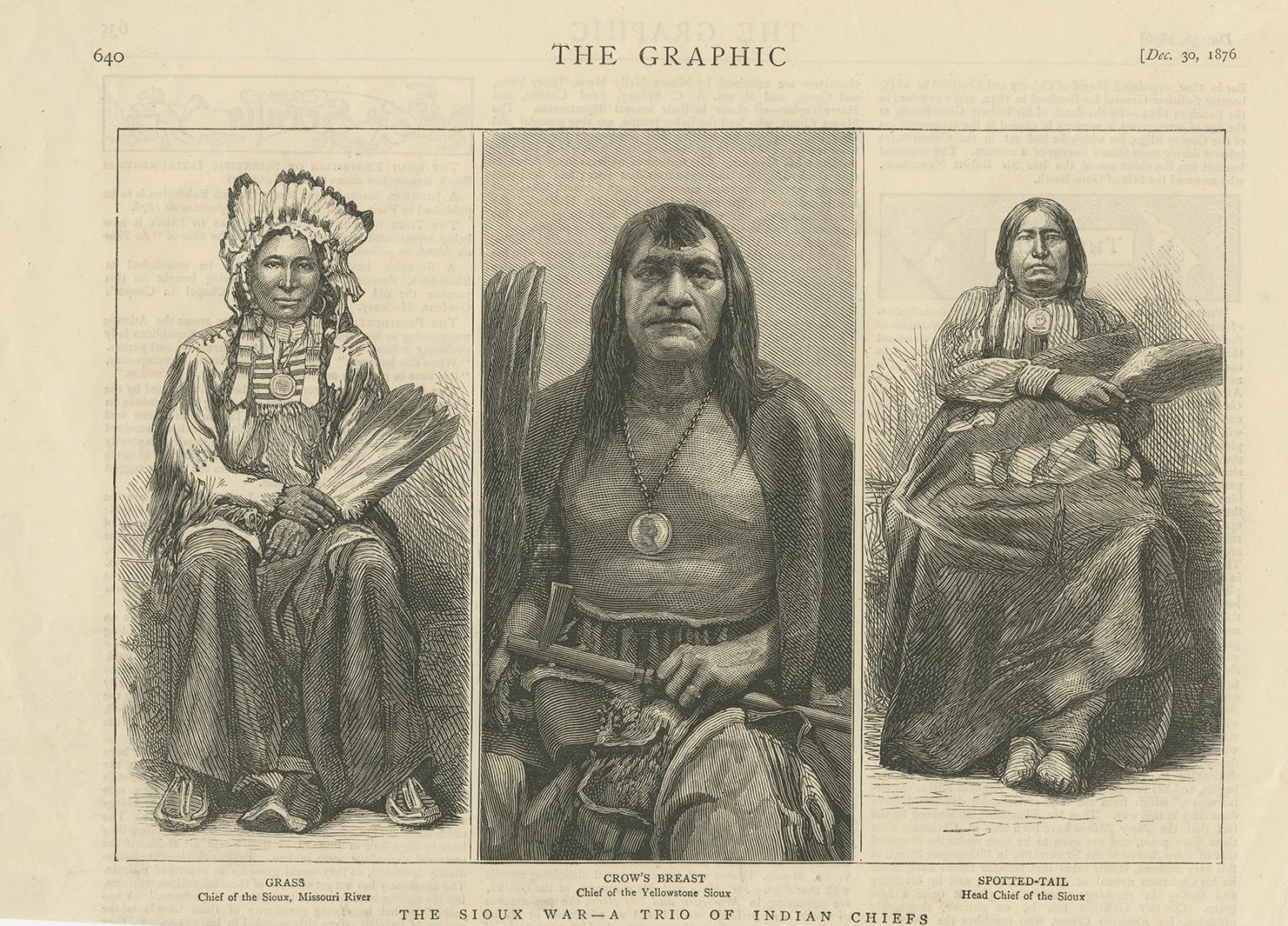 Antique print titled 'The Sioux War - A Trio of Indian Chiefs'. Print of three Indian chiefs including the chief of the Sioux (Missouri River), the chief of the Yellowstone Sioux and the head chief of the Sioux. This print originates from 'The
