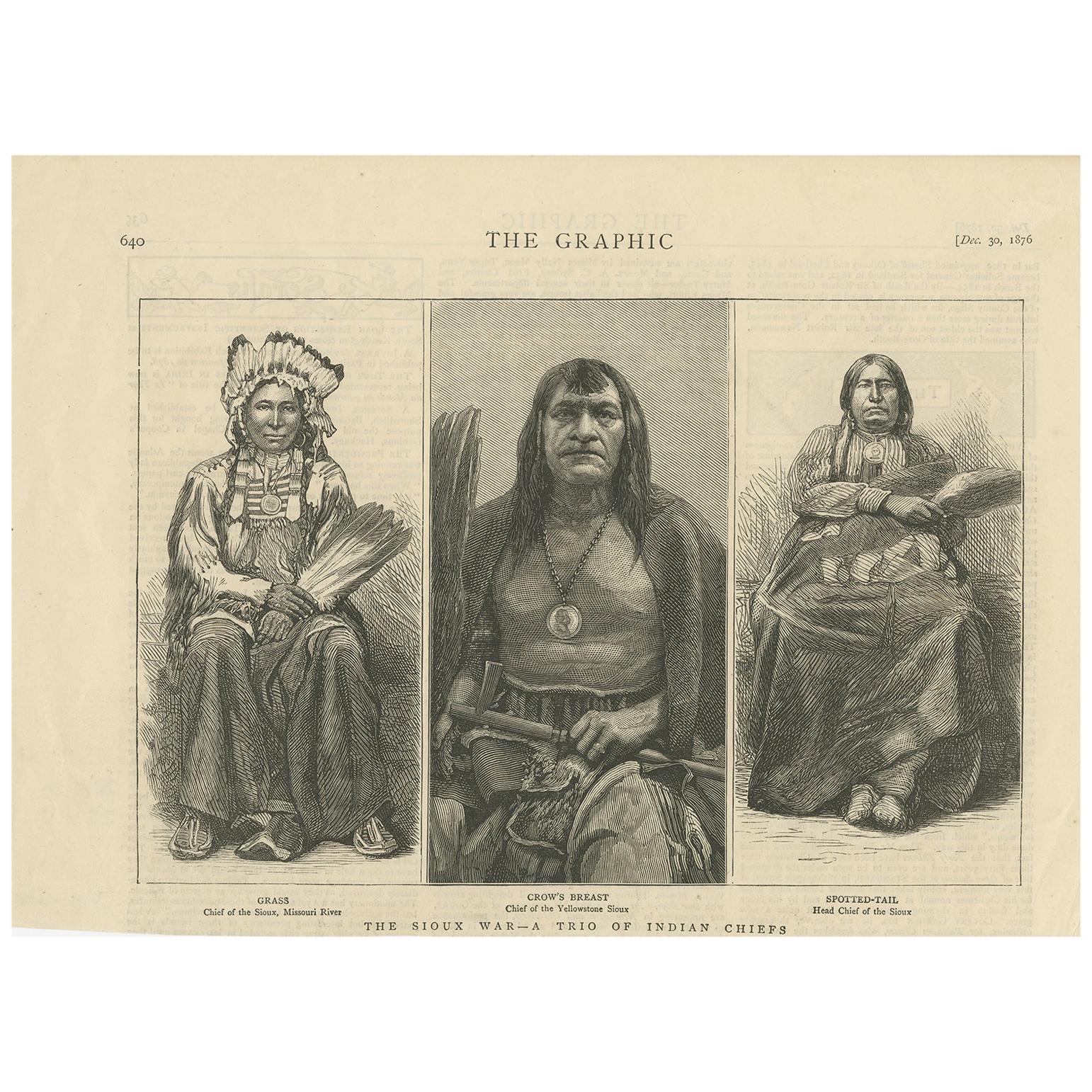 Impression ancienne de trois chefs indiens, 1876 en vente