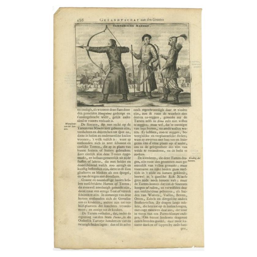 Gravure ancienne intitulée 'Tartarische Mannen'. Gravure ancienne représentant trois hommes de Tartarie, Mongolie. Les hommes portent des armes diverses. Cette estampe provient de 'Het gezantschap der Neêrlandtsche Oost-Indische Compagnie, aan den