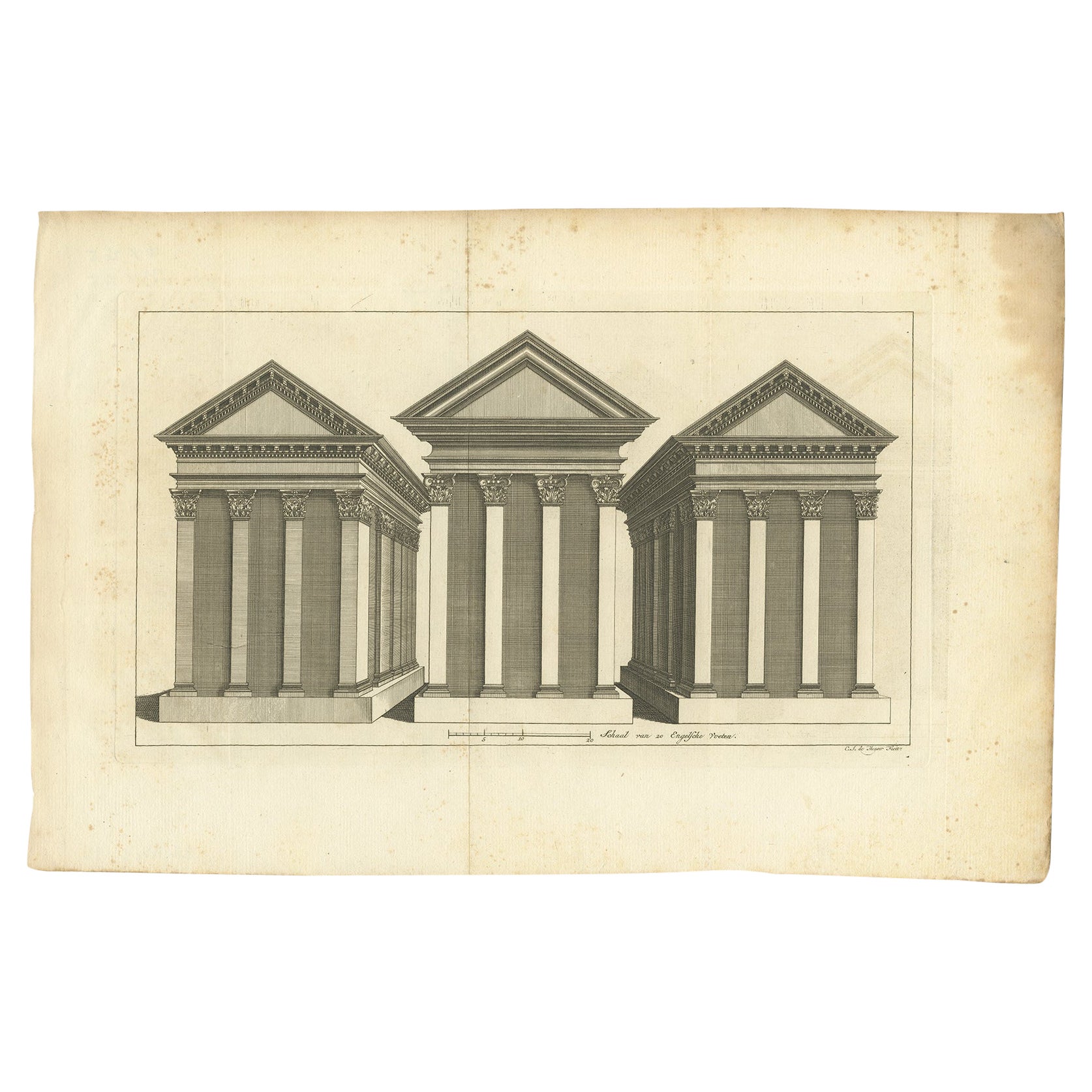 Stampa senza titolo di tre templi in Tunisia. Proviene dalla prima edizione olandese di un interessante resoconto di viaggio dell'Africa settentrionale intitolato 