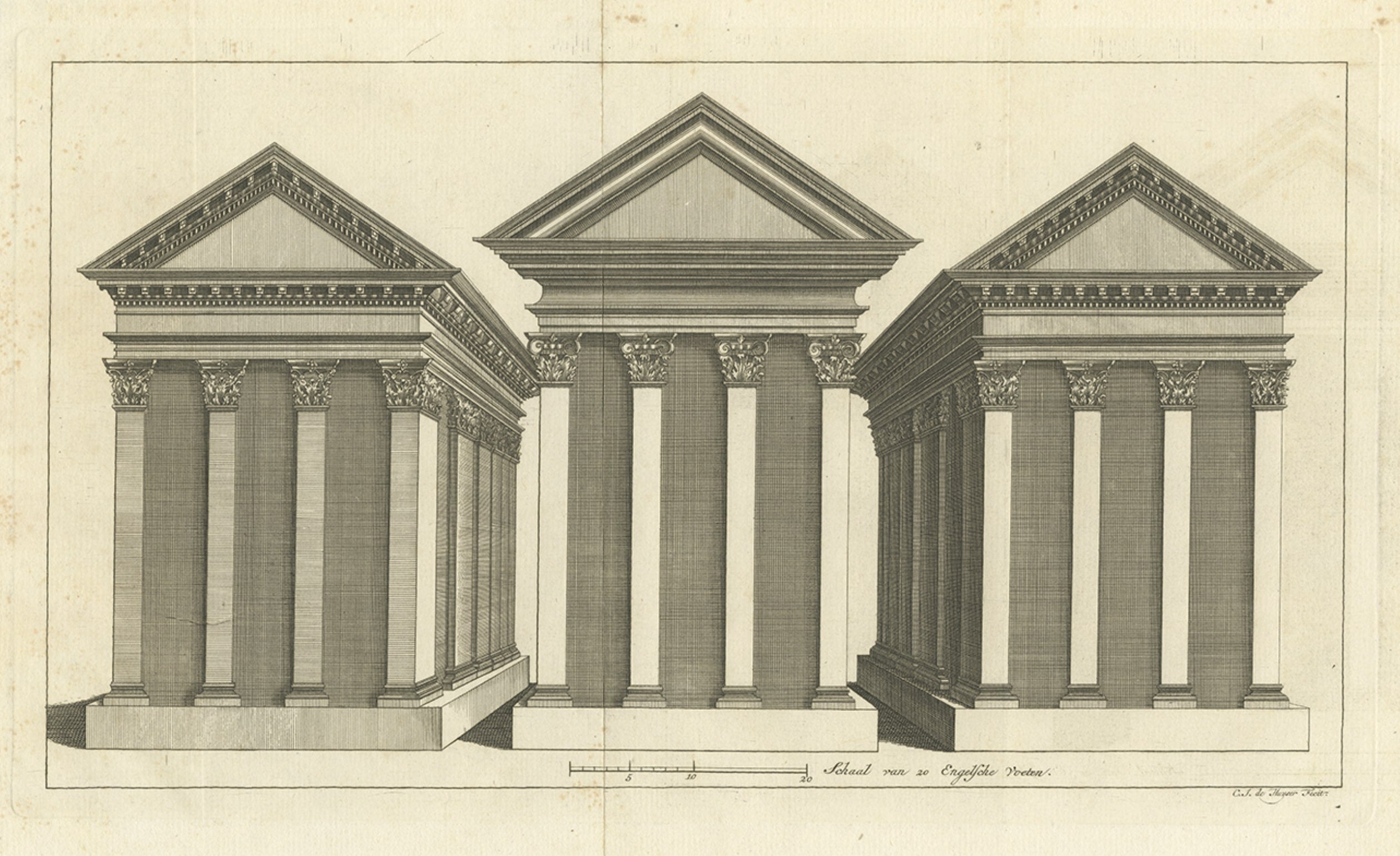Antiker antiker Druck von drei Tempeln von Shaw, 1773