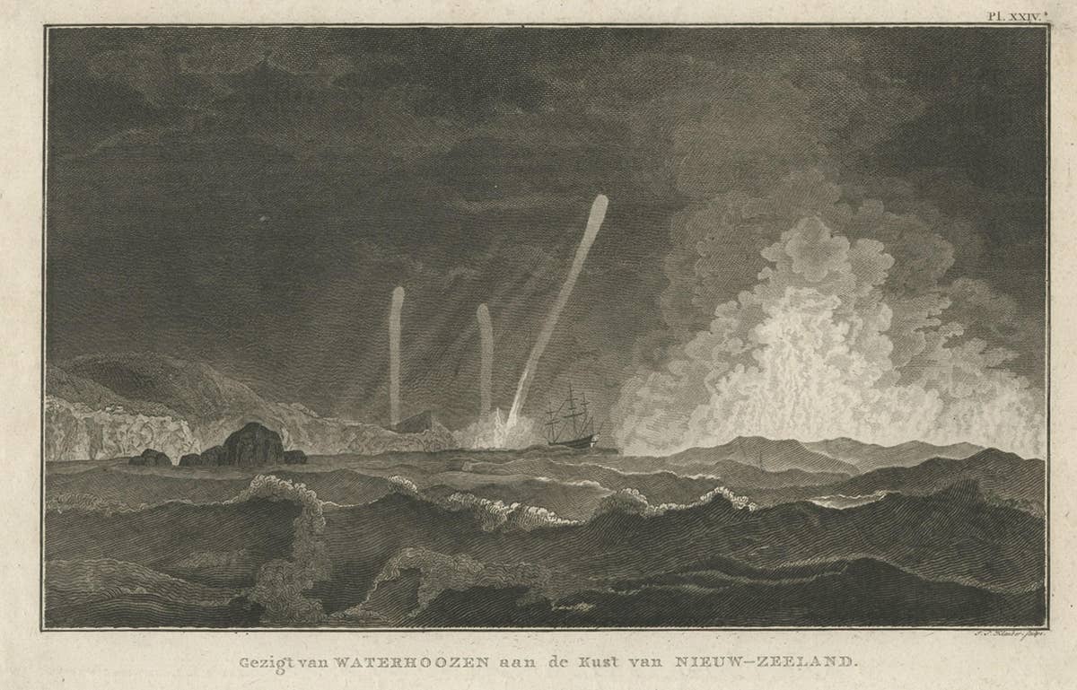 Antique Print of Three Whirlwinds and a Ship off the Coast of New Zealand, 1803