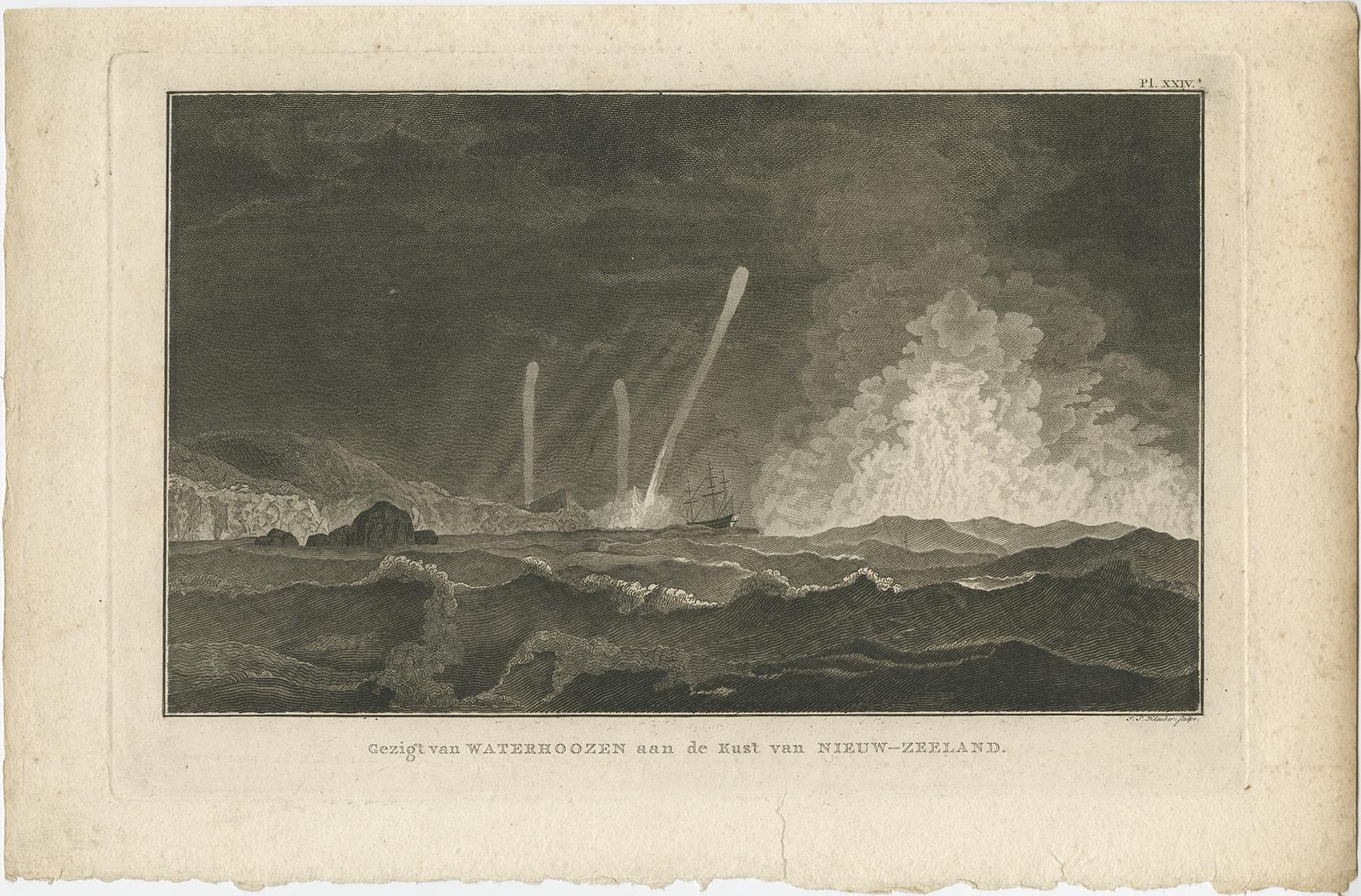 Impression ancienne de trois tourbillons et d'un navire au large de la côte de la Nouvelle-Zélande, 1803 Bon état - En vente à Langweer, NL